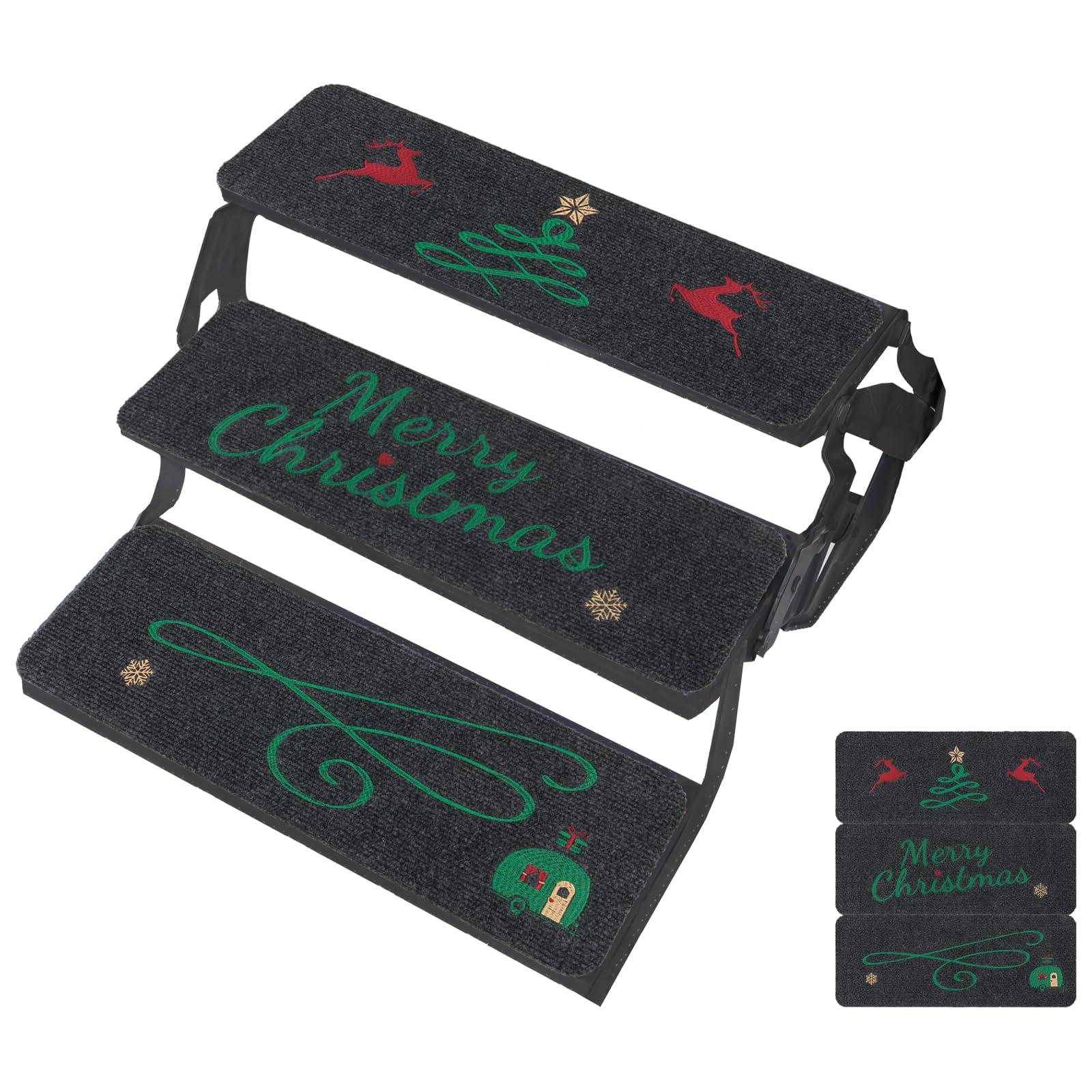 Photo 1 of RUNROLE RV Step Covers 3 Pack Vibrant Embroidery for Christmas Camper Stair Carpet Non Slip Stair Treads- 19.5X 7.5 Inches 3 Pack-merry Xmas 19x7.5IN