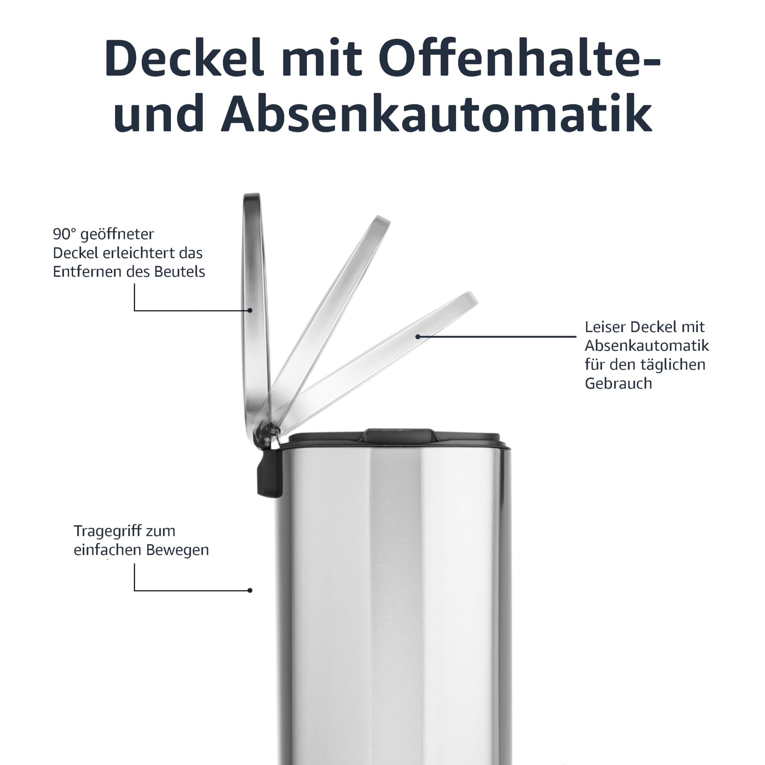 Amazon Basics Rechteckig 50 l Mülleimer für die Küche mit Stahlrohrpedal - Sanft Schließend mit Deckel, für Küche, Bad oder Büro, 13.2 gallons, Satiniertes Nickel