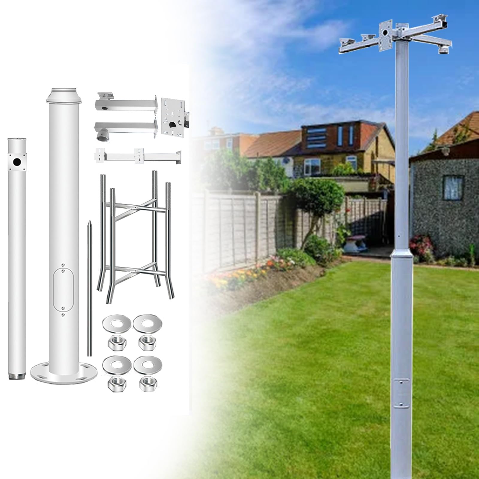 MRVAKDYDI Weatherproof Steel Surveillance Post, Security Camera Pole With Brackets & Rebar Base, White, 200-600cm(450cm (3 Sections) H)