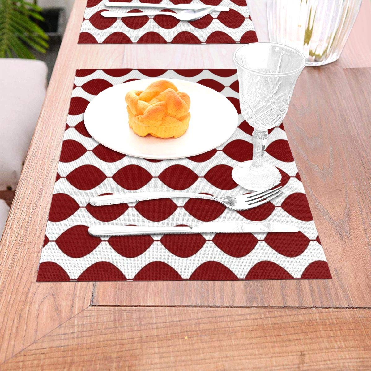 not Mid Century Modern Retro 60s Waves Pattern (Red Darker) Woven Placemat6 Piece Set of Placemats Pc Party Kitchen Dining Room Home Table Food Dinnerware Tableware Dishware Dishes Mat