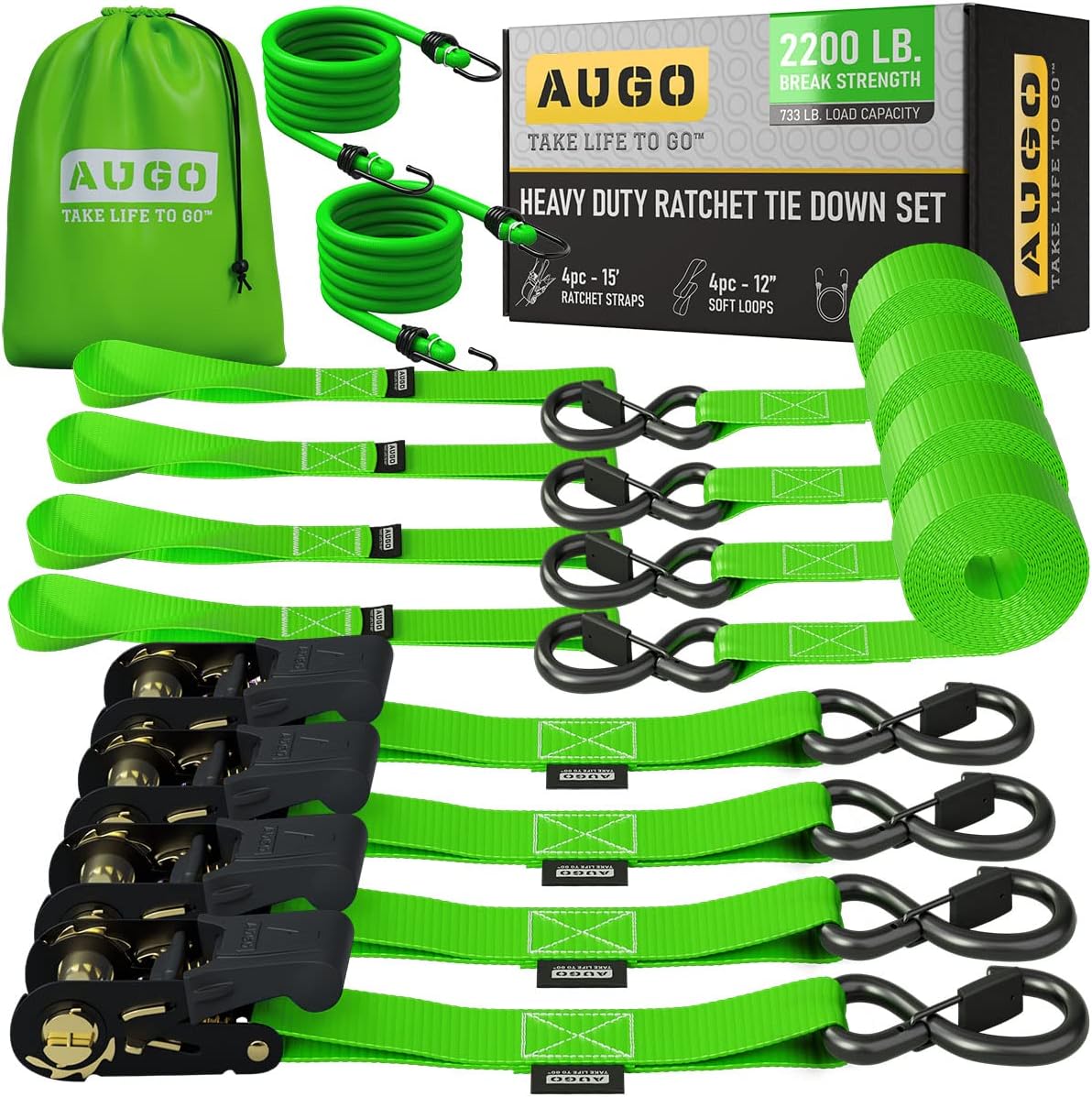 AUGO Ratchet Straps Heavy Duty 4 Pack -15 FT - 2200 LB Break Strength – Ratchet Tie Down Straps with Safety Lock S Hooks - Cargo Straps for Moving, Appliances, Motorcycle – Soft Loop Tie Down Straps