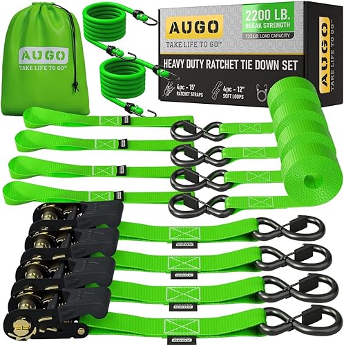 Vista 7 de AUGO - 4 correas de trinquete resistentes y bucles suaves, de 1.5 pulgadas por 10 pies con cierres de seguridad de gancho en S y 4 amarres de bucle