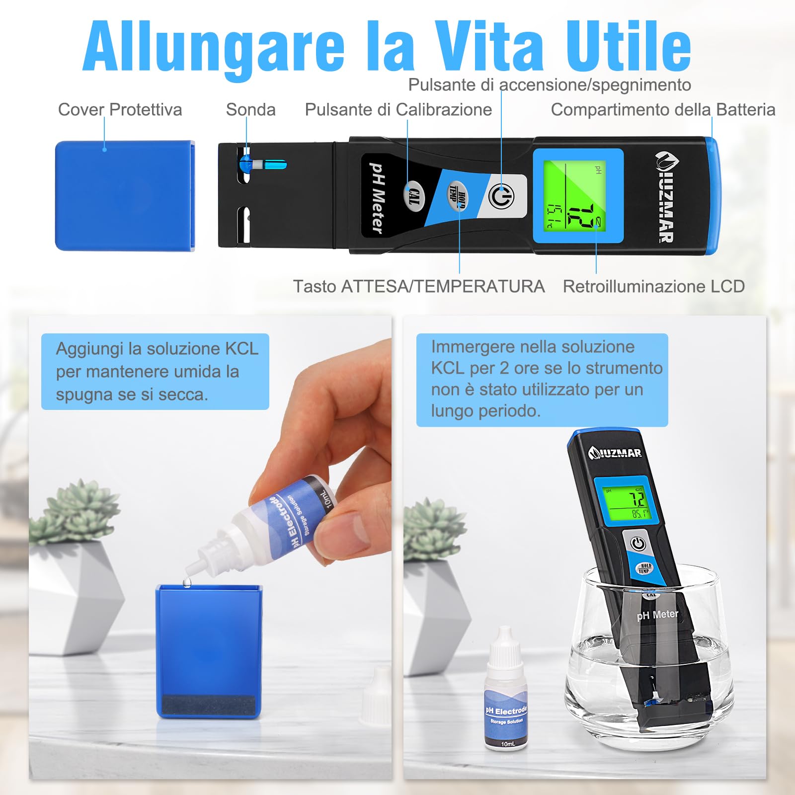 UIUZMAR Misuratore pH Piscina, Misura pH e Temperatura dell'acqua, pHmetro Acquario, Misuratore pH Elettronico per Jacuzzi, Acquario, Spa, Acqua Potabile, Idroponica
