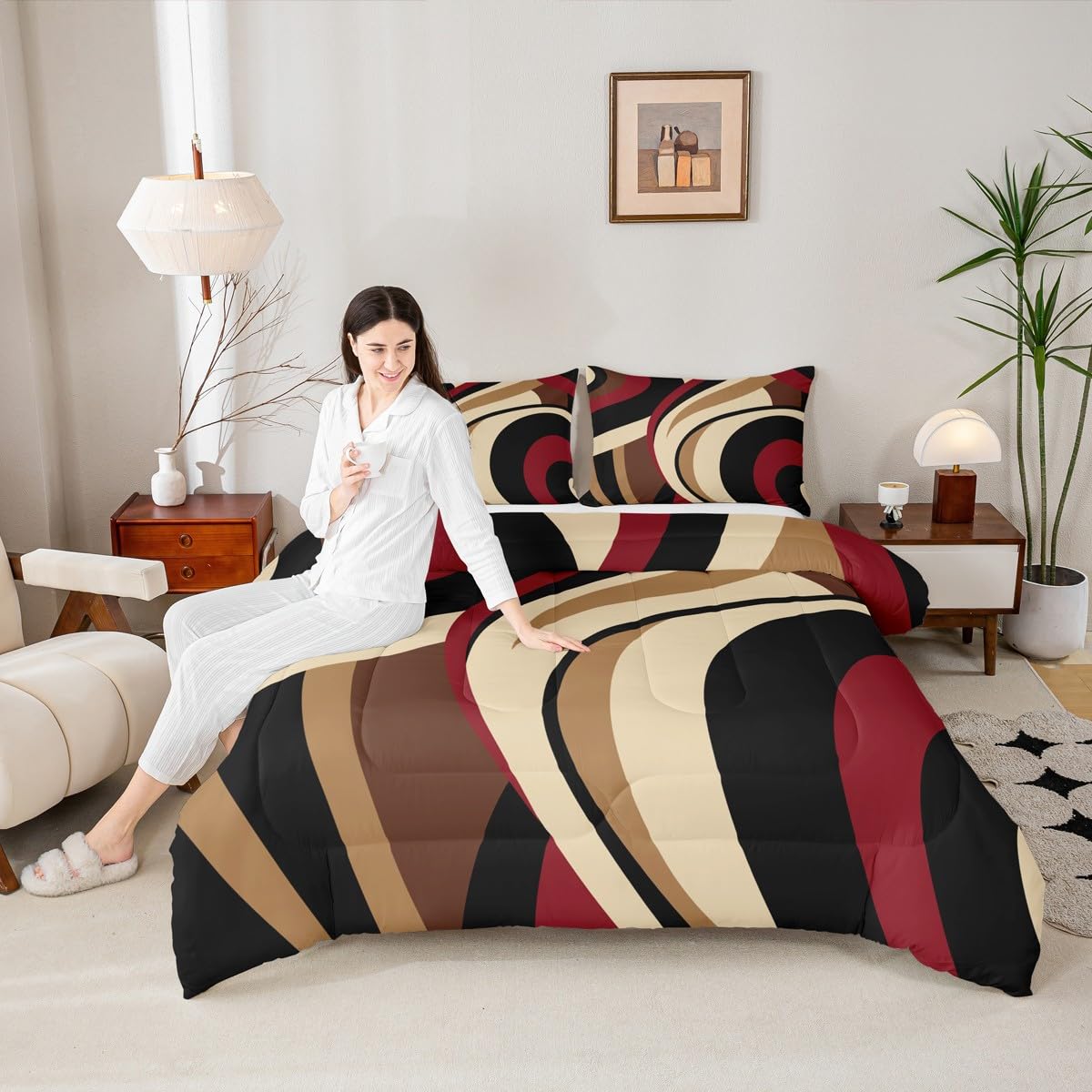 Black Red Brown Comforter Set Queen Size Vintage Abstract Stripes Bedding Set for Kids Girls Women Adult Bedroom Decor Geometric Circle Waves Quilt