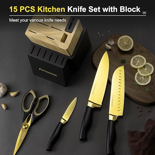 Miniatura 6 de Astercook Juego de cuchillos de cocina de 15 piezas, con revestimiento de titanio dorado saludable, juego de cuchillos de espiga completa con bloque