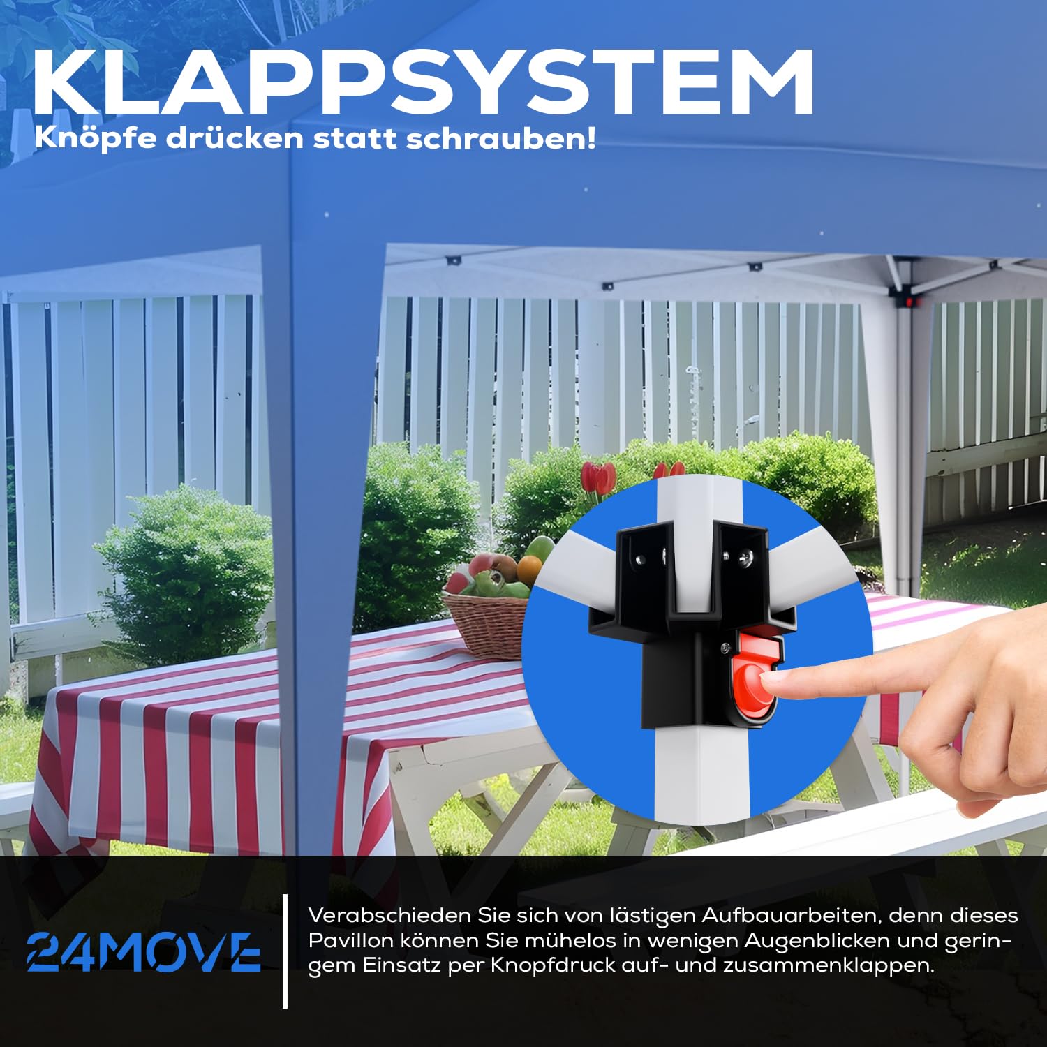 24MOVE® Pavillon Santos 3x3m Pop-Up UV-Schutz 50+ Wasserdicht & Winterfest mit Tasche faltbar & stabil, für Camping & Garten Faltpavillon - Partyzelt Blau