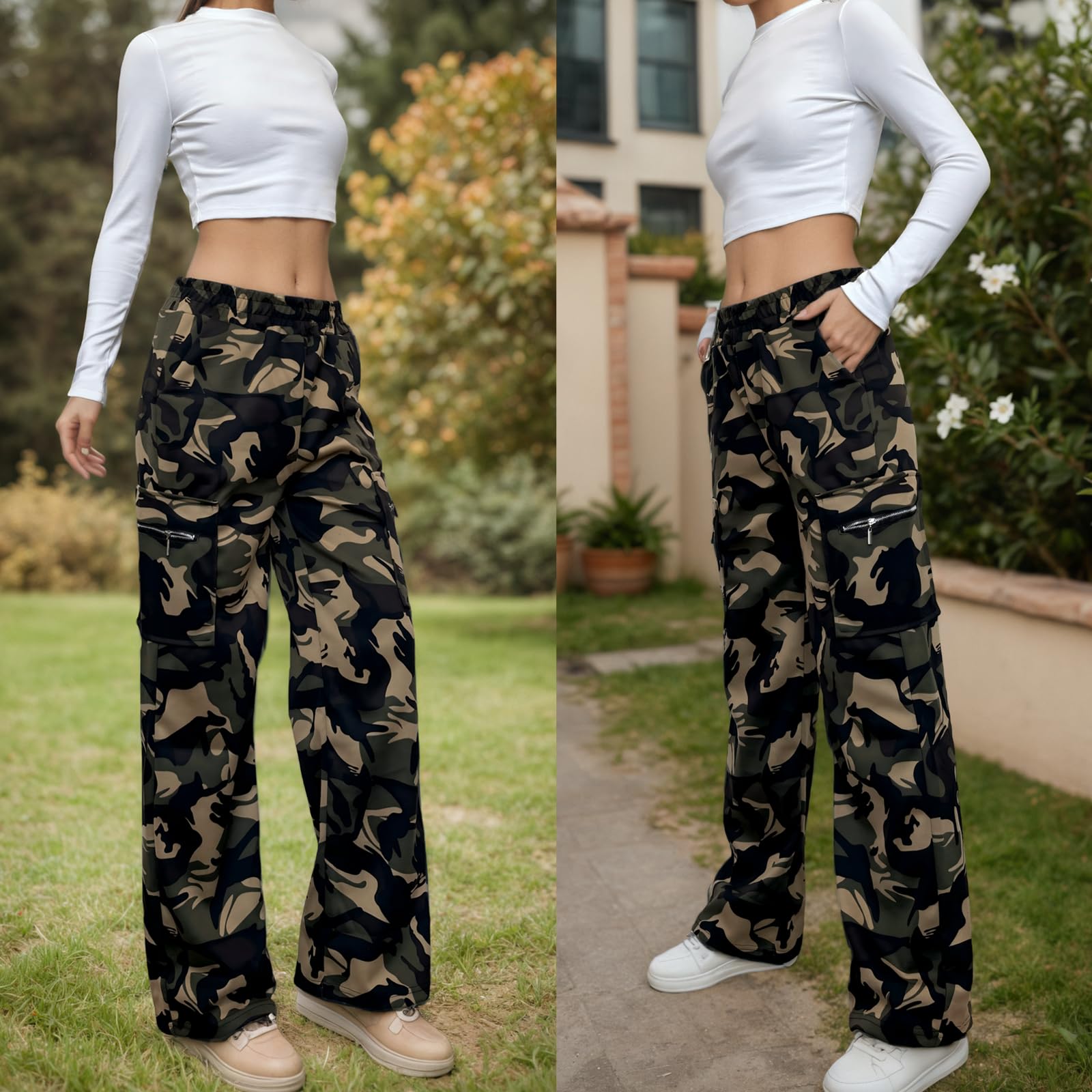 Nuofengkudu Mimetici Lungo Cargo Pantaloni della Tuta Larghi Cerniera Laterale Tasche Elastico Vita Alta Jogging Sportivi Pantalone Felpati Casa Comodi Lavoro Adolescente Y2K