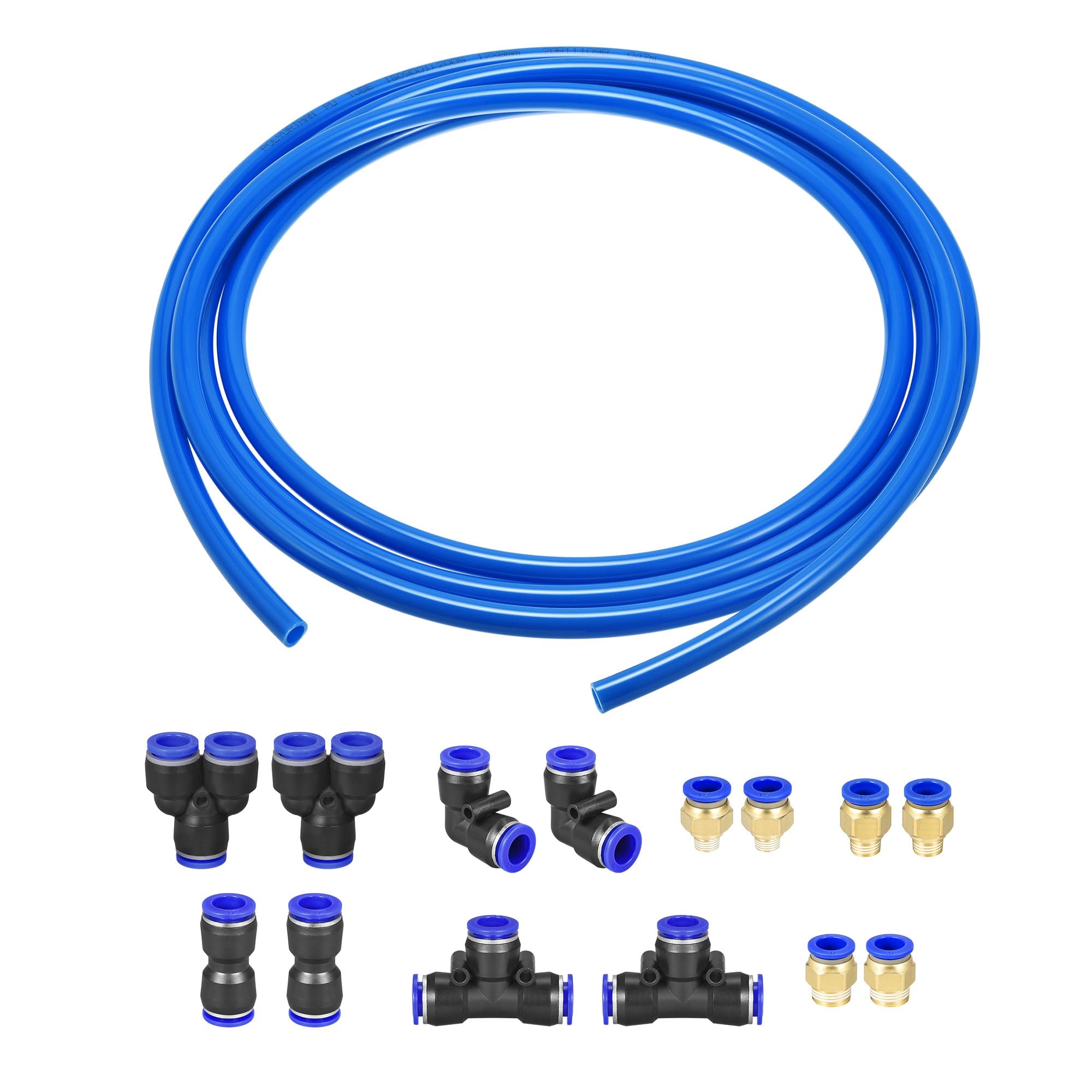 sourcing map Neumática Aire Manguera Tubería PU Aire Compresor Tubo 8mm/0.3''ID x 12mm/0.5''OD x 10m/32.8pies Poliuretano Tubo Azul con 7 Tipo Conexión Montajes