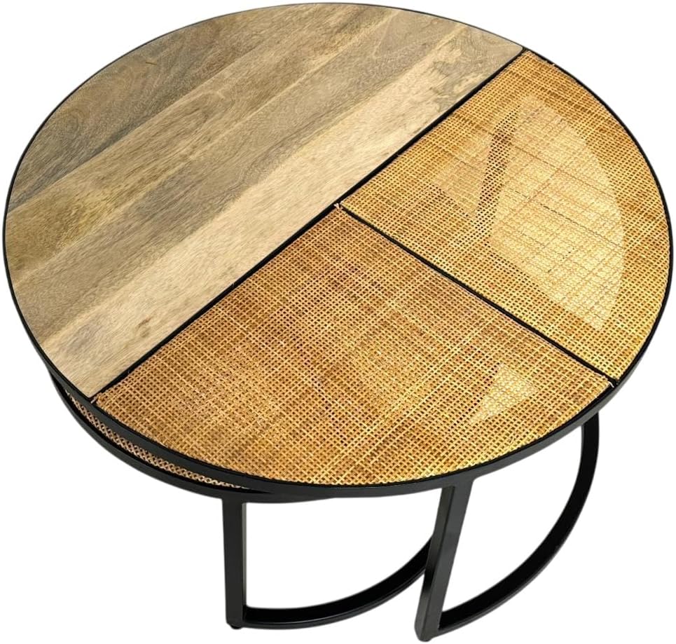 Carolina Chair & Table Cardinal Nesting Coffee Table – Set of Two Round Mango Wood, Cane Split Tops with Sleek Black Metal Frame Furniture - 28″ Diameter Modern, Versatile Living Room Table(Natural)