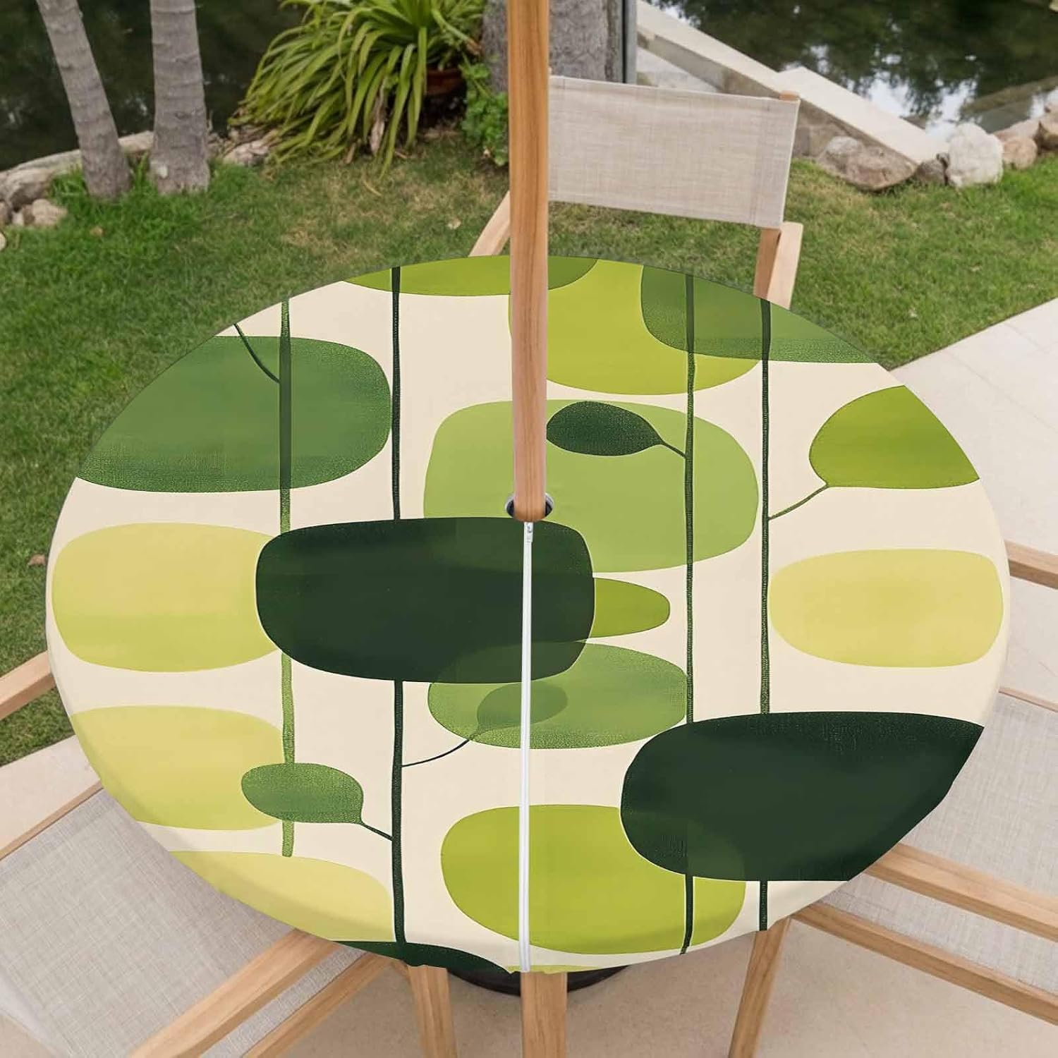 Green Geometric Waterproof Outdoor Tablecloth with Umbrella Hole and Zipper,Round Fitted Table Covers with Elastic,Abstract Neutral Modern Artwork Patio Table Cloth for Party Fits 45"-54" Tables