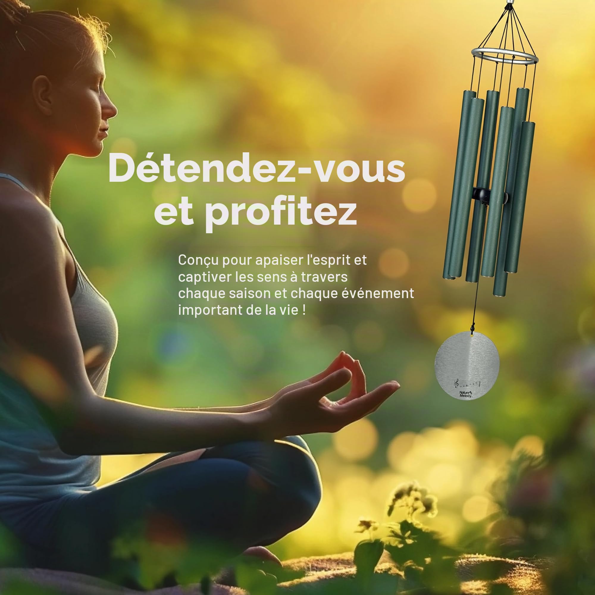 Nature's Melody Aureole Tunes Carillon à Vent d'extérieur, 6 Tubes, Gamme pentatonique en Si, Aluminium Inoxydable, Finition poudrée, Crochet en S, pour condoléances, Cadeau commémoratif, Jardin Zen