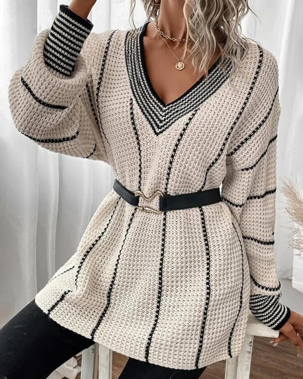 Women Oversized Striped Sweater Casual V Neck Long Sleeve Color Block Knitwear Pullover Jumper Tops - Image 3