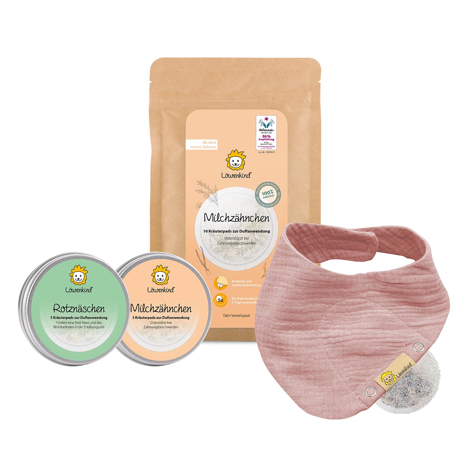 LÖWENKIND Milchzähnchen-Special | ab Geburt | Natürliche Zahnungshilfe ohne Zusatz ätherischer Öle | 20 Kräuterpads Rotznäschen und Milchzähnchen | Musselin-Halstuch mit Padtasche (Altrosa)