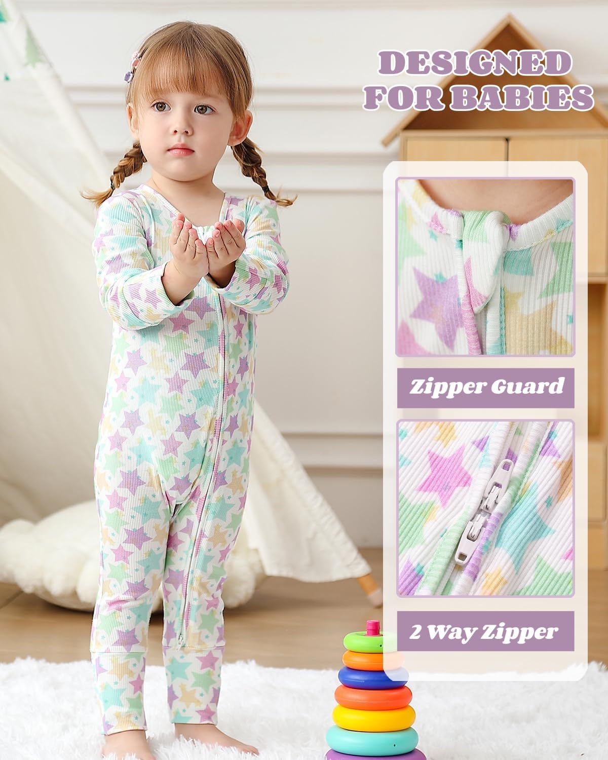 Bafeicao Bamboo Viscose Baby Girl Pajamas Romper Soft Ribbed 2 Way Zipper sleepers Long Sleeve Footless Pjs - Image 3