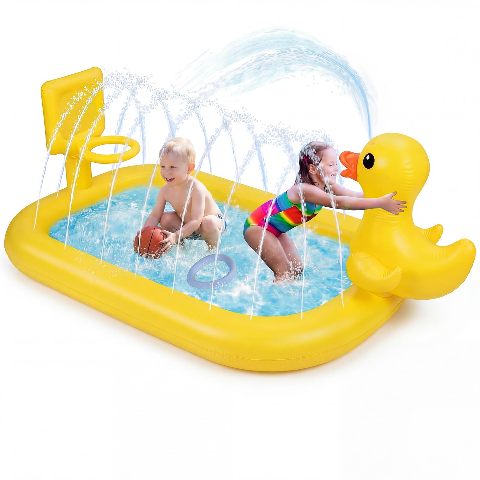 Photo 1 of Jenaai Splash Pad for Kids 63" Inflatable Yellow Duck Sprinkler Mat for Toddler 3-in-1 Water Toy with Basketball Game Indoor Outdoor Summer Kiddie Pool Play Center Birthday Gift for Boys Girls