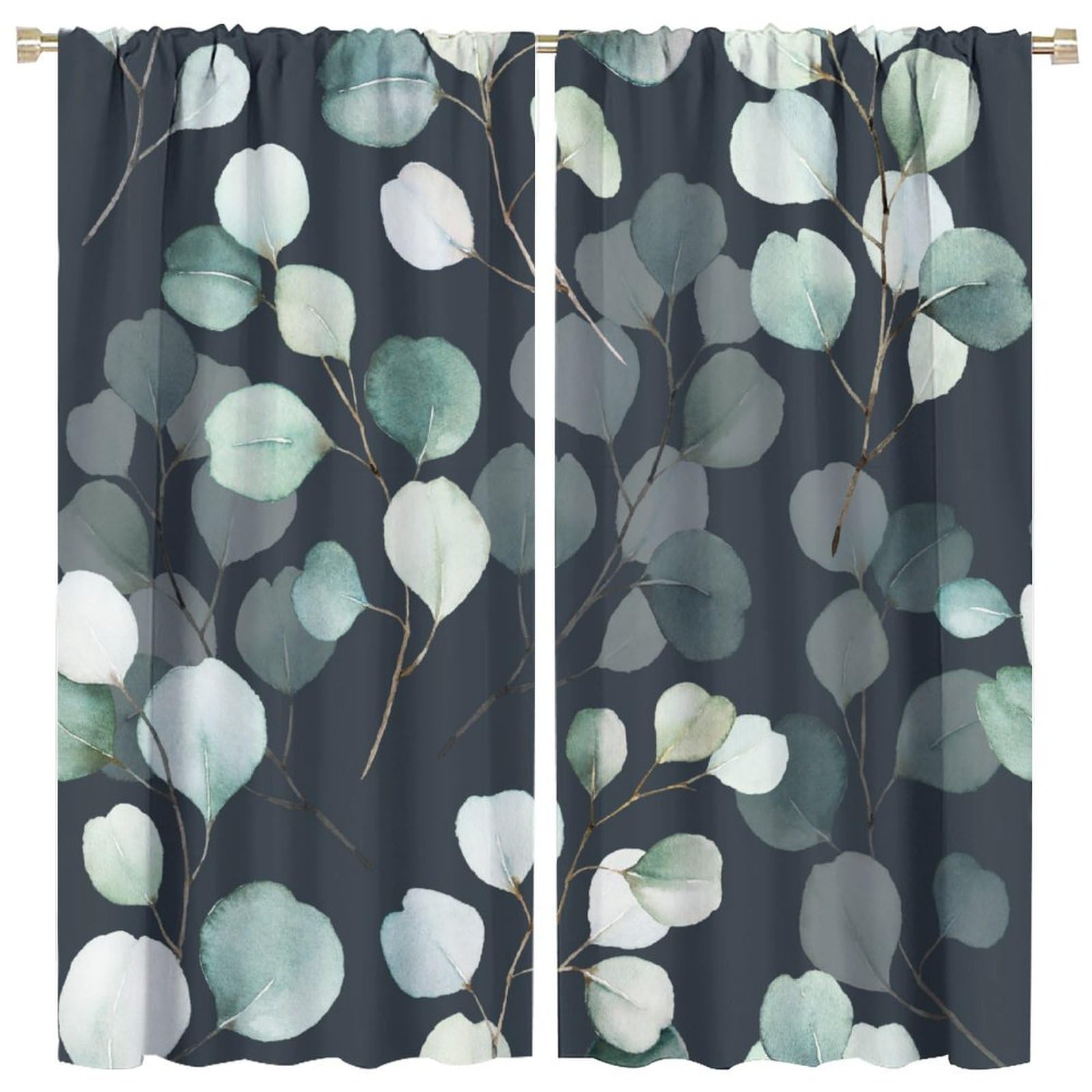 HZOHNAGO Eucalyptus Curtains Nature Botanical Green Leaves Pattern Black Background Blackout Print Rod Pocket Window Drapes for Bedroom Living Room 42x54in