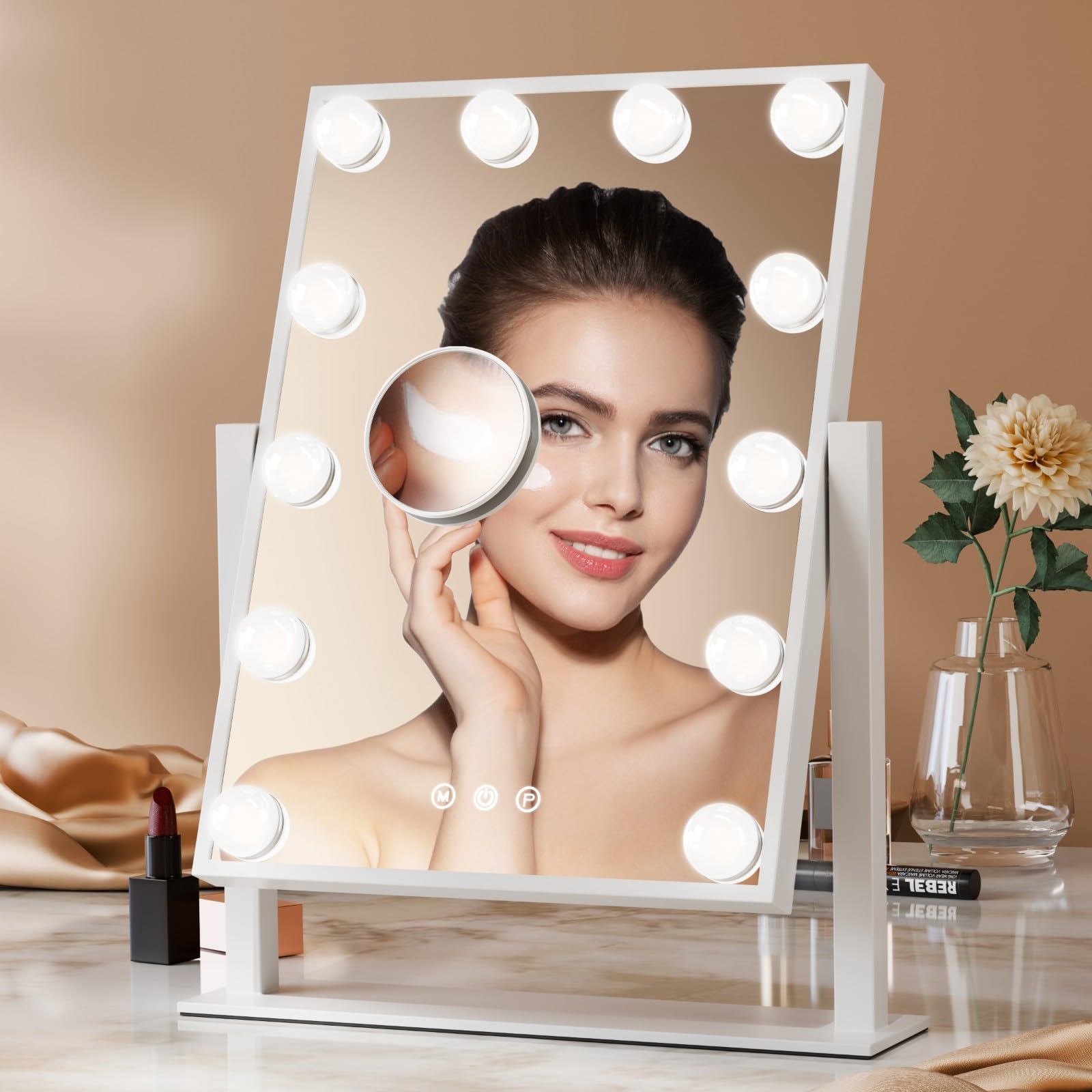 Heilmetz Hollywood Vanity Mirror 300X410mm 12 Bulbs, 360° Rotatable Dressing Table Mirrors with Lights, Light up Makeup Mirror Make up with 7x Magnifie and 3 Color Temperature, White