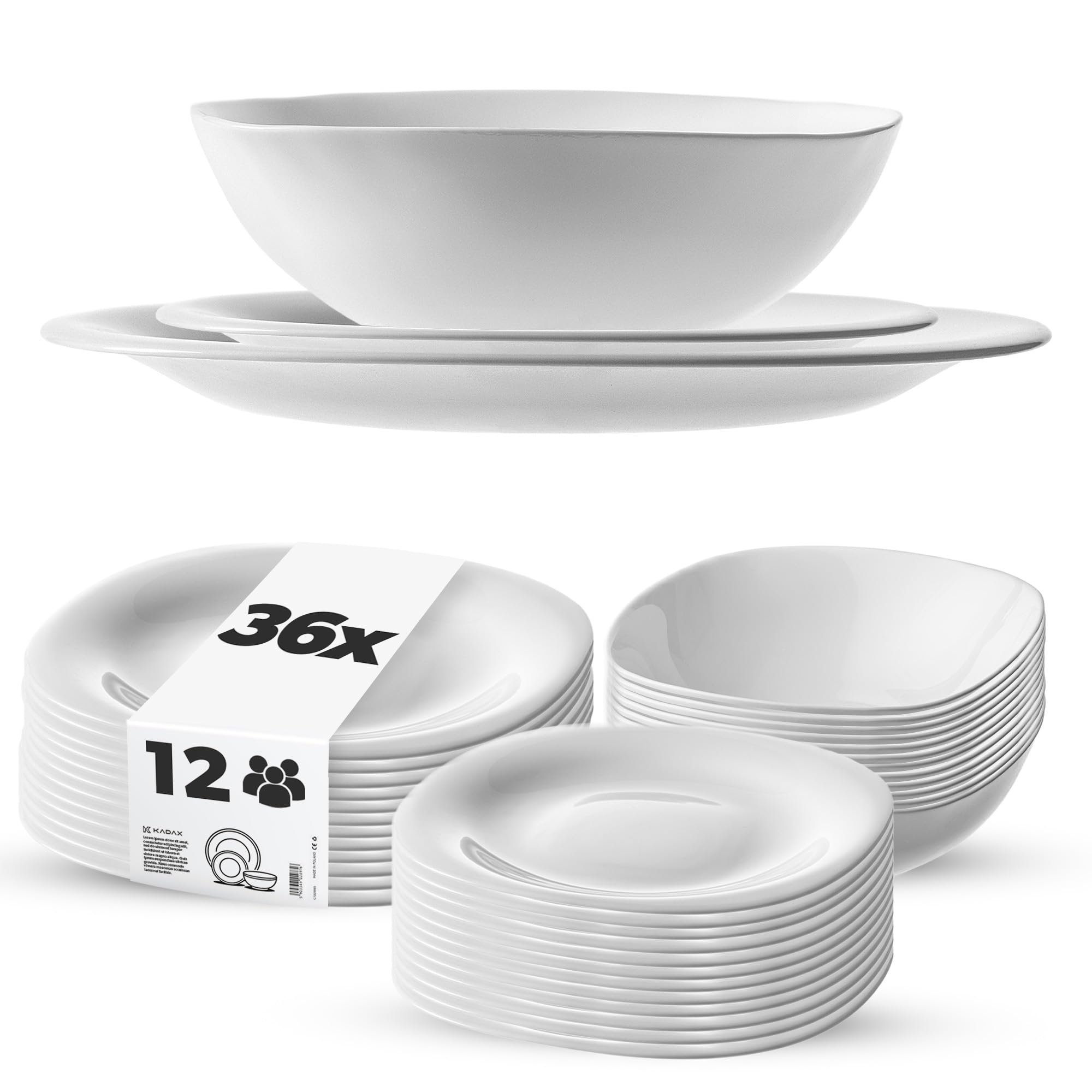 KADAX Lot de 36 Service de table pour 12 personnes, avec assiettes creuses, assiettes à dessert et assiettes plates, vaisselle de table, ensemble d'assiettes (blanc)