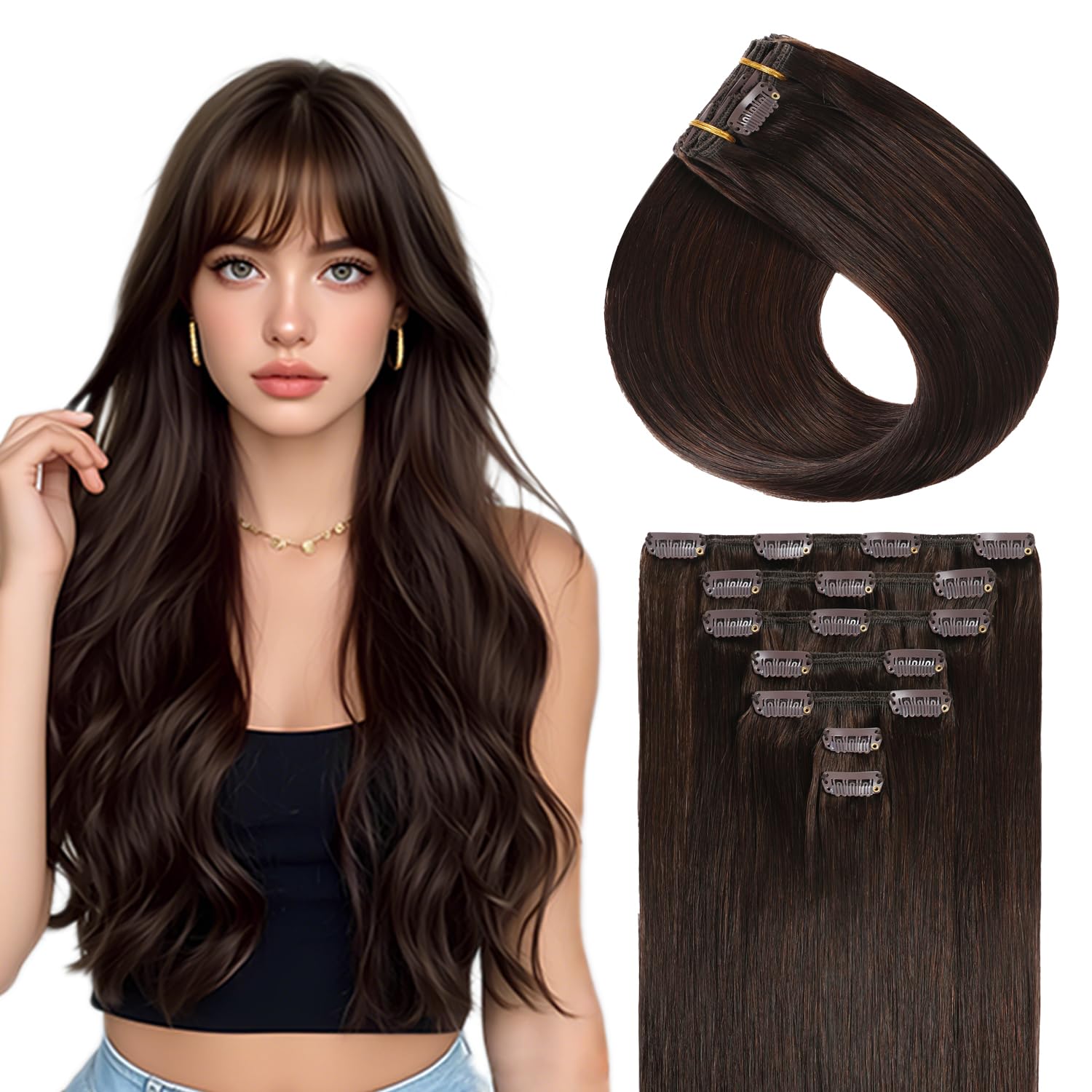 Sunya Clip in Hair Extensions Real Human Hair Dark Brown 12 Inch Double Weft Invisible Seamless Remy 7Pcs 70g