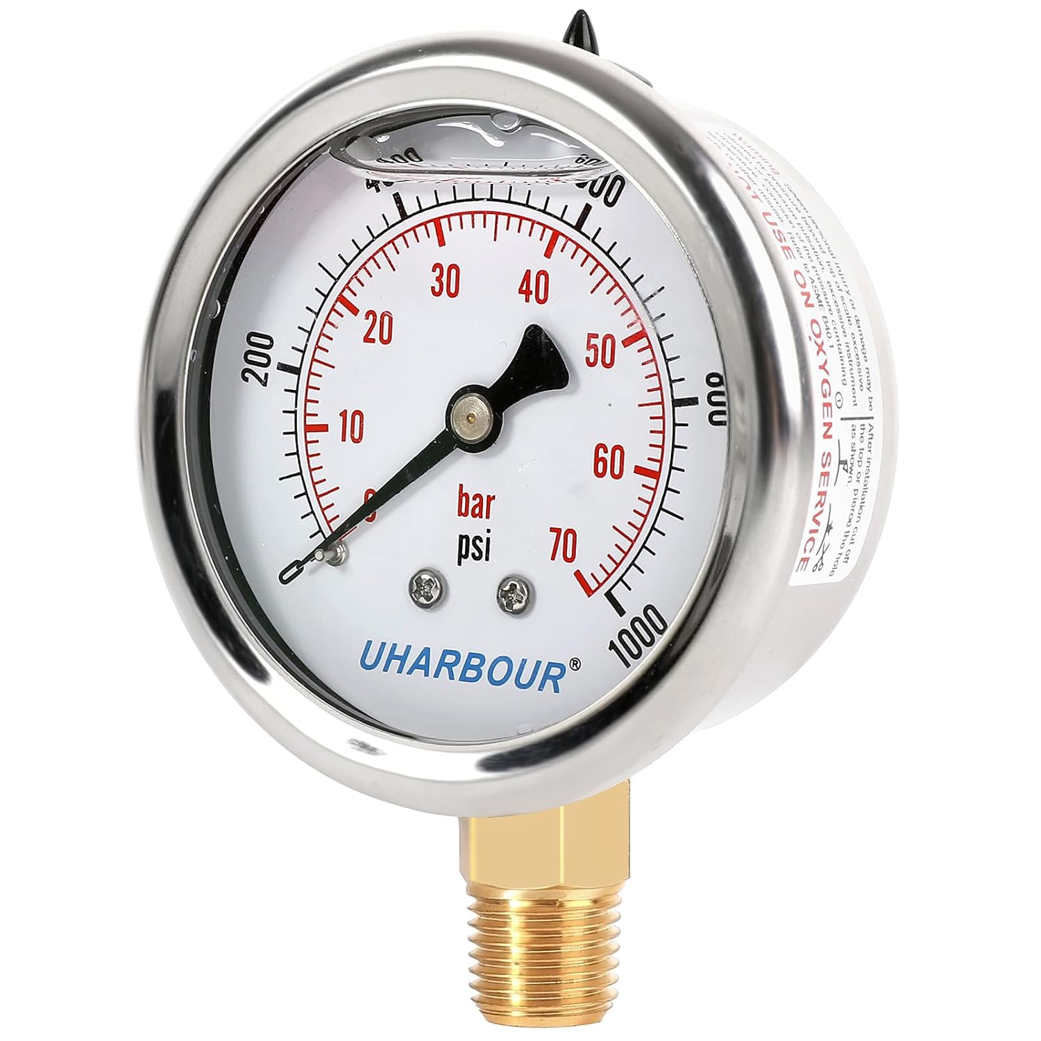 UHARBOUR Glycerin Filled Pressure Gauge 1000psi/70bar, Stainless Steel case, Brass Inside Construction, 2-1/2" dial, 1/4"NPT Rear Connection. : Industrial & Scientific