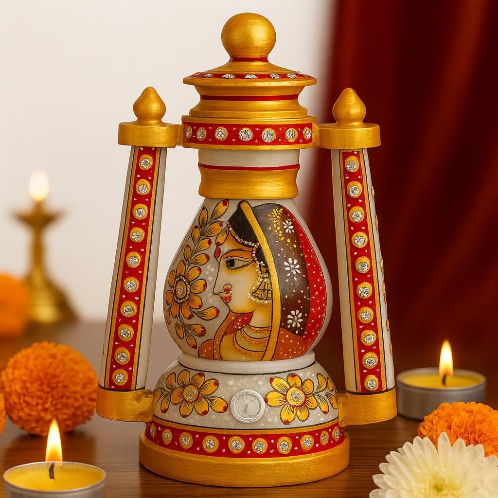 Marble Lantern Lamp, Handpainted Rajasthani Design, Adjustable Brightness, 30.48 cm Height, Gold and White (12 INCH)-image-40