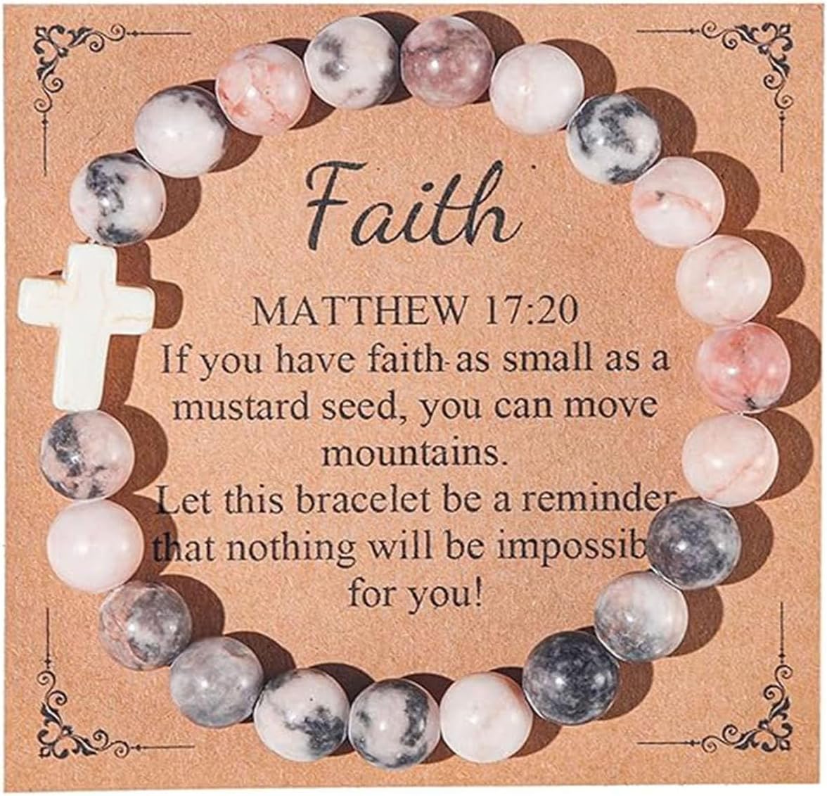 Handmade Natural Stone Beaded Cross Pendant Crucifix Religious Catholic Bracelet Faith Inspirational Elastic Rope Protection Pray Jewelry for Women