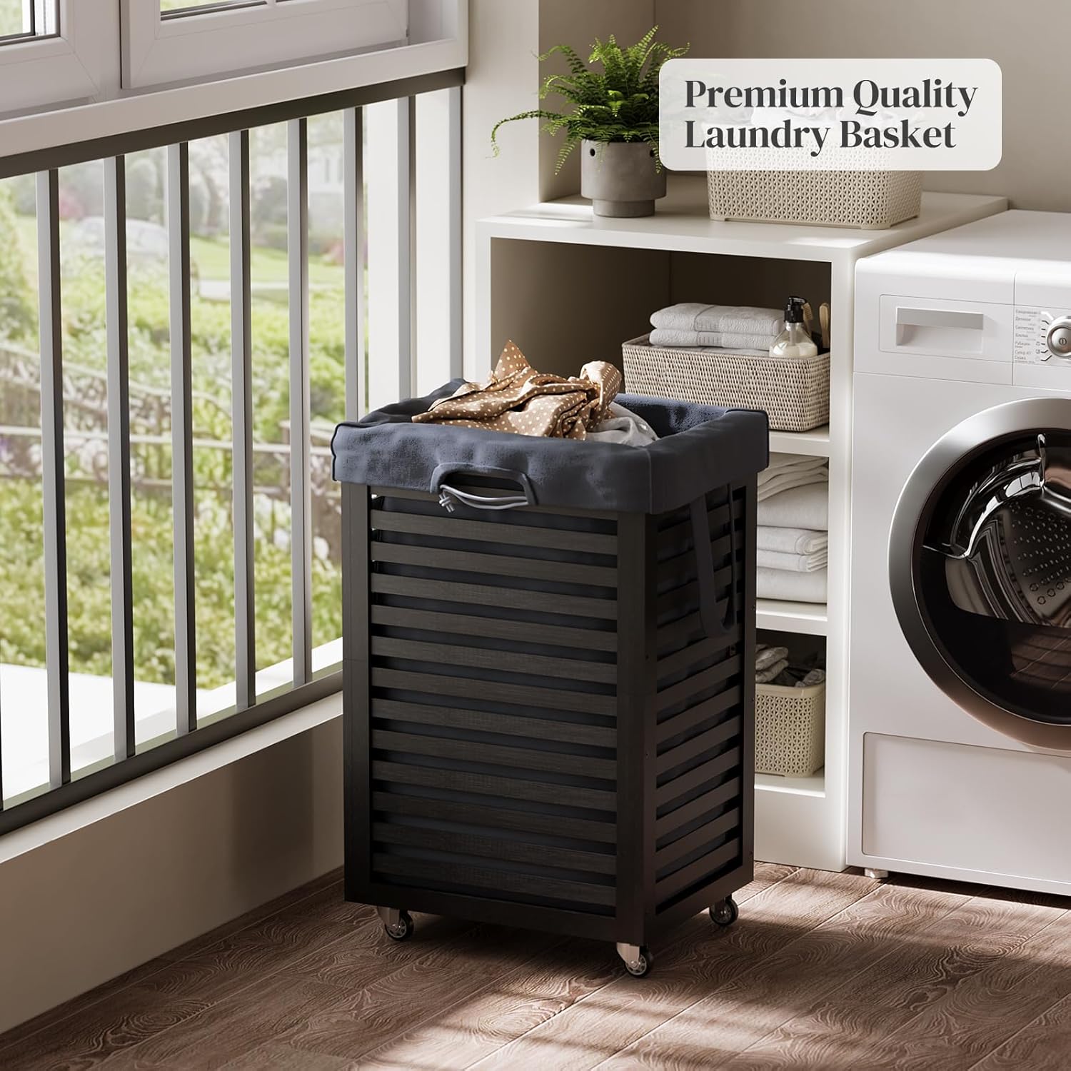 Laundry Hamper with Wheels, Laundry Basket with Liner, 85L Large bamboo Laundry Clothes Laundry Hamper, Liner with Handles, Dirty Clothes Storage Cart For Laundry Room, Dorm, Bedroom, Bathroom (Black)