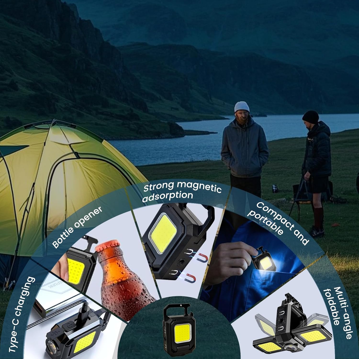 MAKDAK 2PC Cob Keychain Work Light EDC Rechargeable Foldable Keychain Flashlight,Bottle Opener,for Camping,Car Repair,Hiking,Repairing,Power Outrage,Pet Walking,Emergency