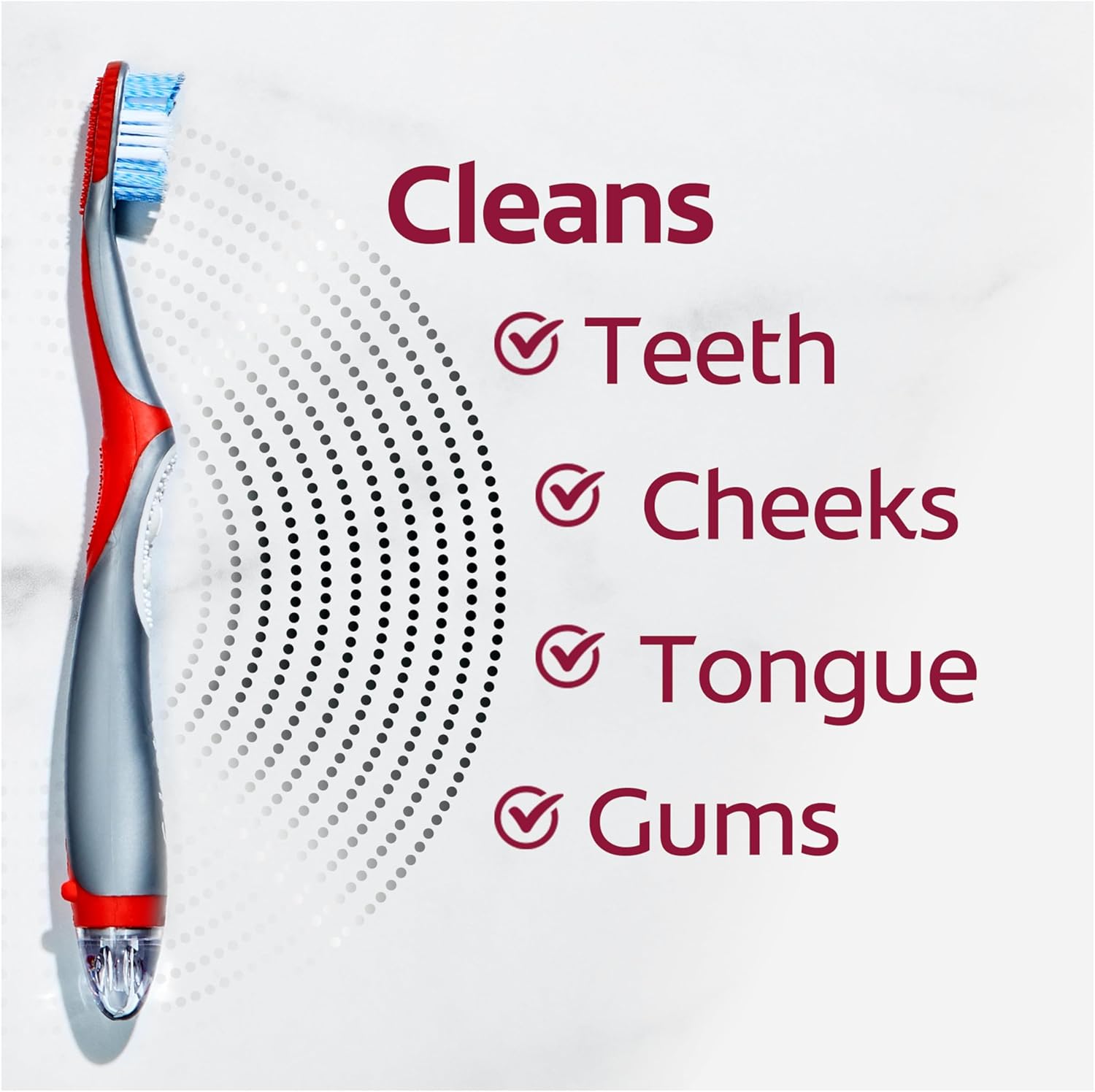 Illustration showing the Colgate 360 Optic White toothbrush cleans teeth, cheeks, tongue, and gums