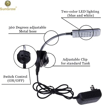 SunGrow LED Aquarium Light for Fish Tank, 24 LEDs, White & Blue Adjustable 360 Flexible Metal Arm Small Aquarium LED Light for Nano Tank, Install on Dog & Cat Crate for Security, Kitten & Puppy Care