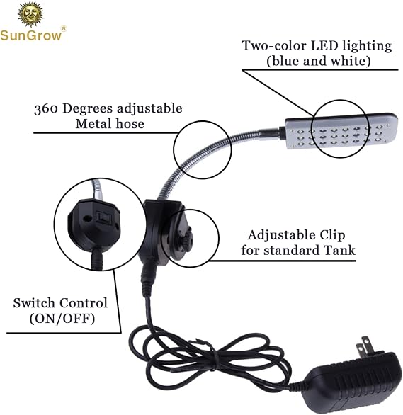 SunGrow LED Aquarium Light for Fish Tank, 24 LEDs, White & Blue Adjustable 360 Flexible Metal Arm Small Aquarium LED Light for Nano Tank, Install on Dog & Cat Crate for Security, Kitten & Puppy Care