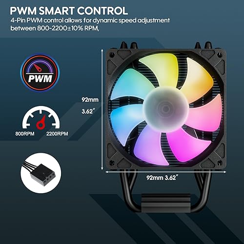 Miniatura 4 de Vetroo V3 - Enfriador de aire para CPU con iluminación ARGB y control inteligente PWM, diseño compacto con ventilador de 5.236 in y 3.622 in, tubos