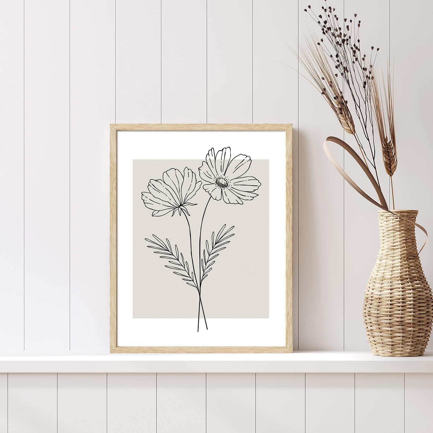 CHMMART 3 Piece Neutral Flower Framed Wall Art Beige Minimalist Floral Canvas Art Prints Boho Botanical Line Pictures Wall Decor Artwork Painting for Living Room Bedroom Office 12x16in