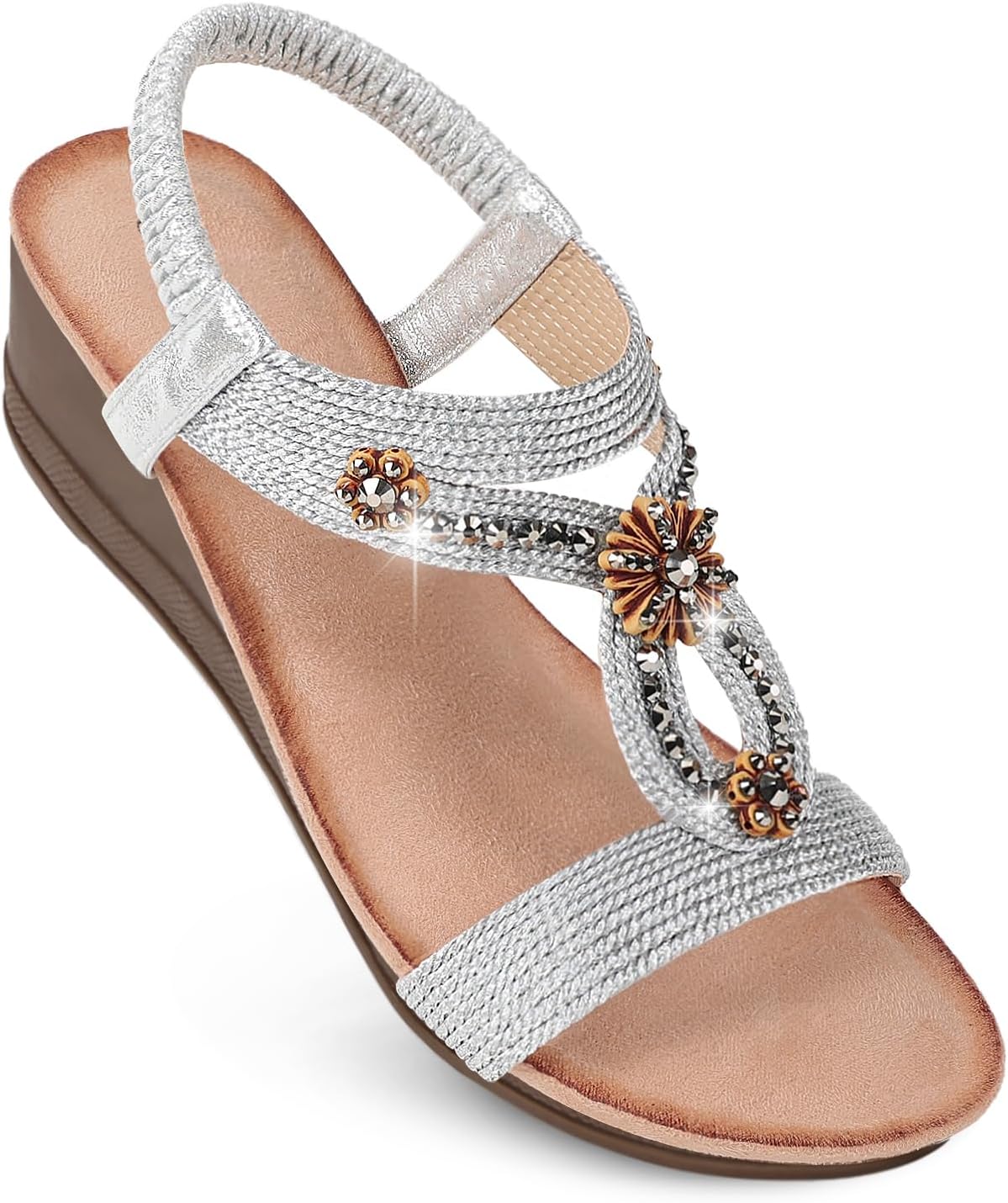Wedge Sandals for Women Dressy, Woman's Sandal Comfortable Low Wedges Heels Ankle Elastic Strap Sandles with Flower Rhinestones