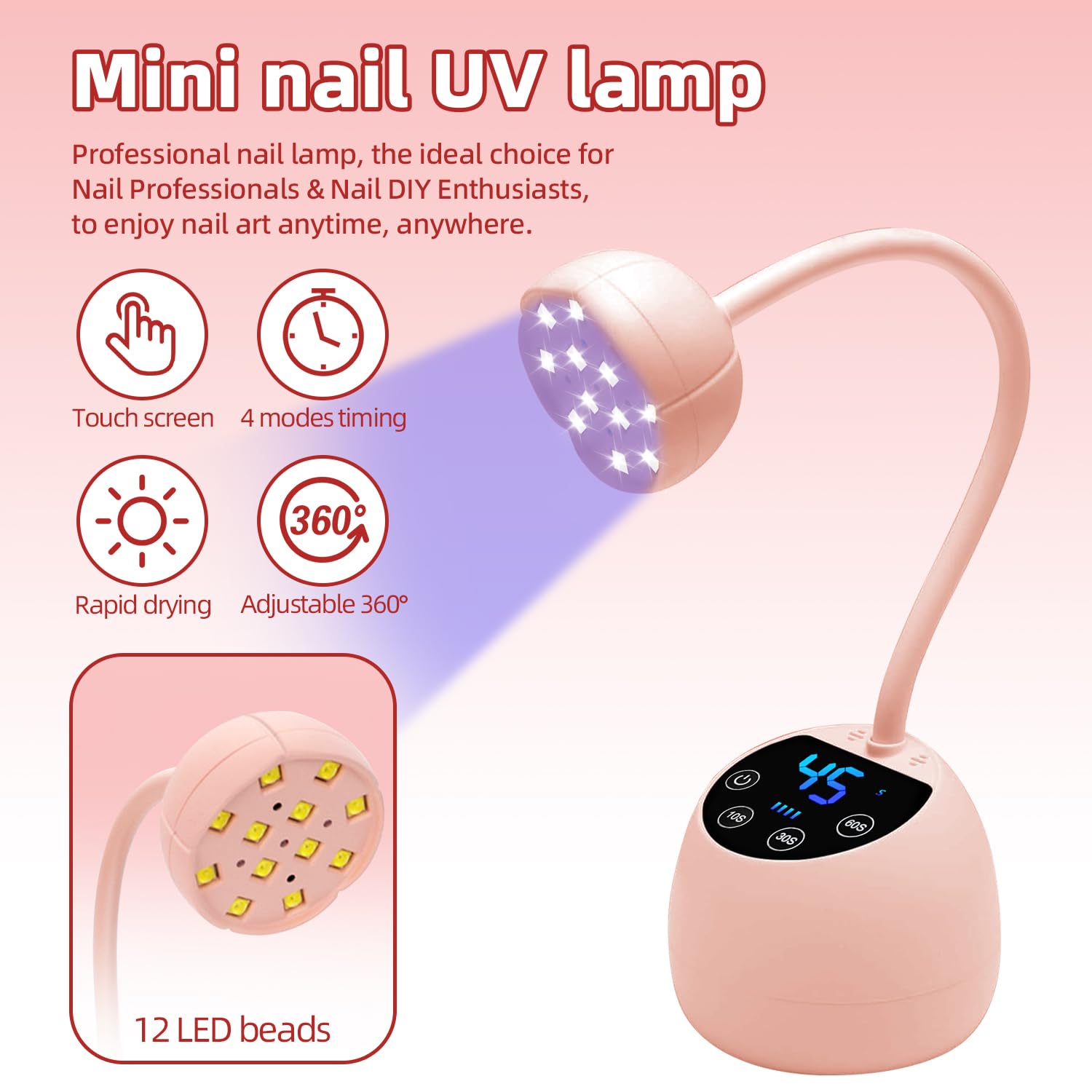 Mini Lampada UV Led Unghie,Display LCD,Sensore Automatico Intelligente, 36w Lampada Unghie Senza Fili, 12pcs Led Beads con Doppia Sorgente Luminosa UV, Uso Domestico e in Salone (Rosso)