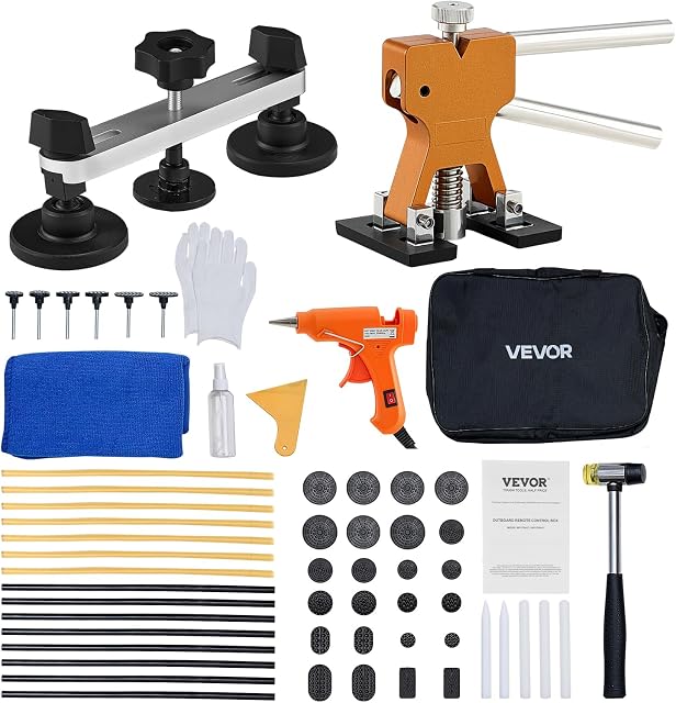 VEVOR Dent Puller Kit, 60 PCS Kit d'enlèvement de la dent sans peinture avec ascenseur doré, tire-pull à pont, marteau en caoutchouc, pistolet à colle, auto de réparation des dommages du corps de hayon outils pour réparation de porte de réfrigérateur de voiture