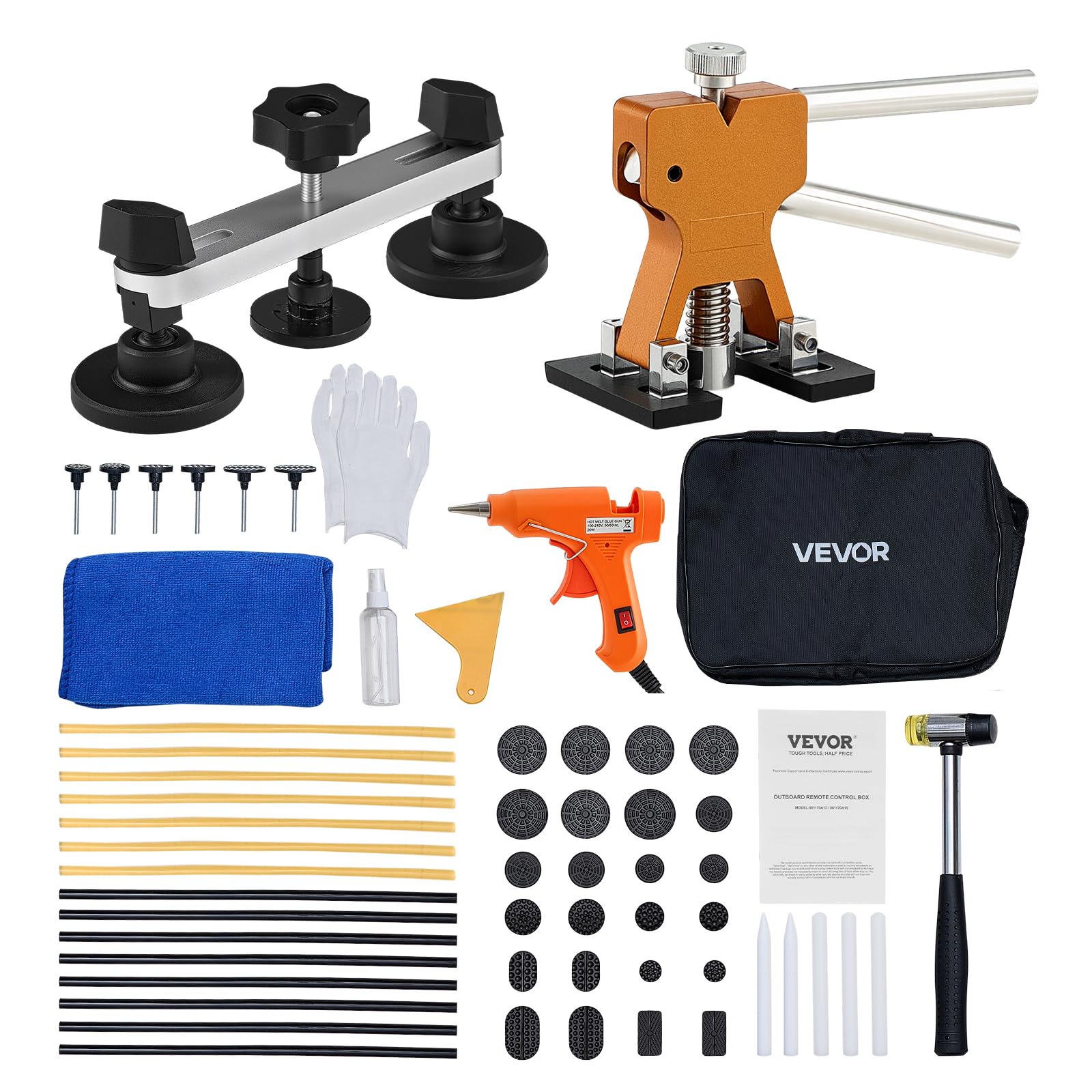 Photo 1 of VEVOR Dent Puller Kit, 60 PCS Paintless Dent Removal Kit with Golden Lifter, Bridge Puller, Rubber Hammer, Glue Gun, Auto Body Hail Damage Repair Remover Tools for Car Refrigerator Door Ding Repair