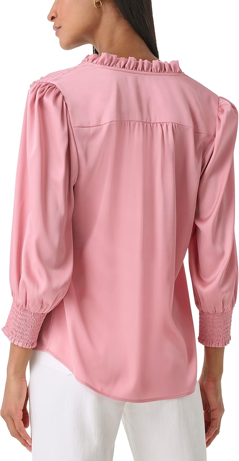 Karl Lagerfeld Womens Lightweight Ruffle Collar 3/4 Sleeve Button Front Blouse - Image 4