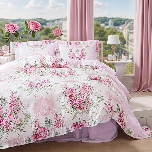 FADFAY Home Textile - Juego de funda de edredón con estampado floral rosa rosa para niñas, 4 piezas, tamaño King