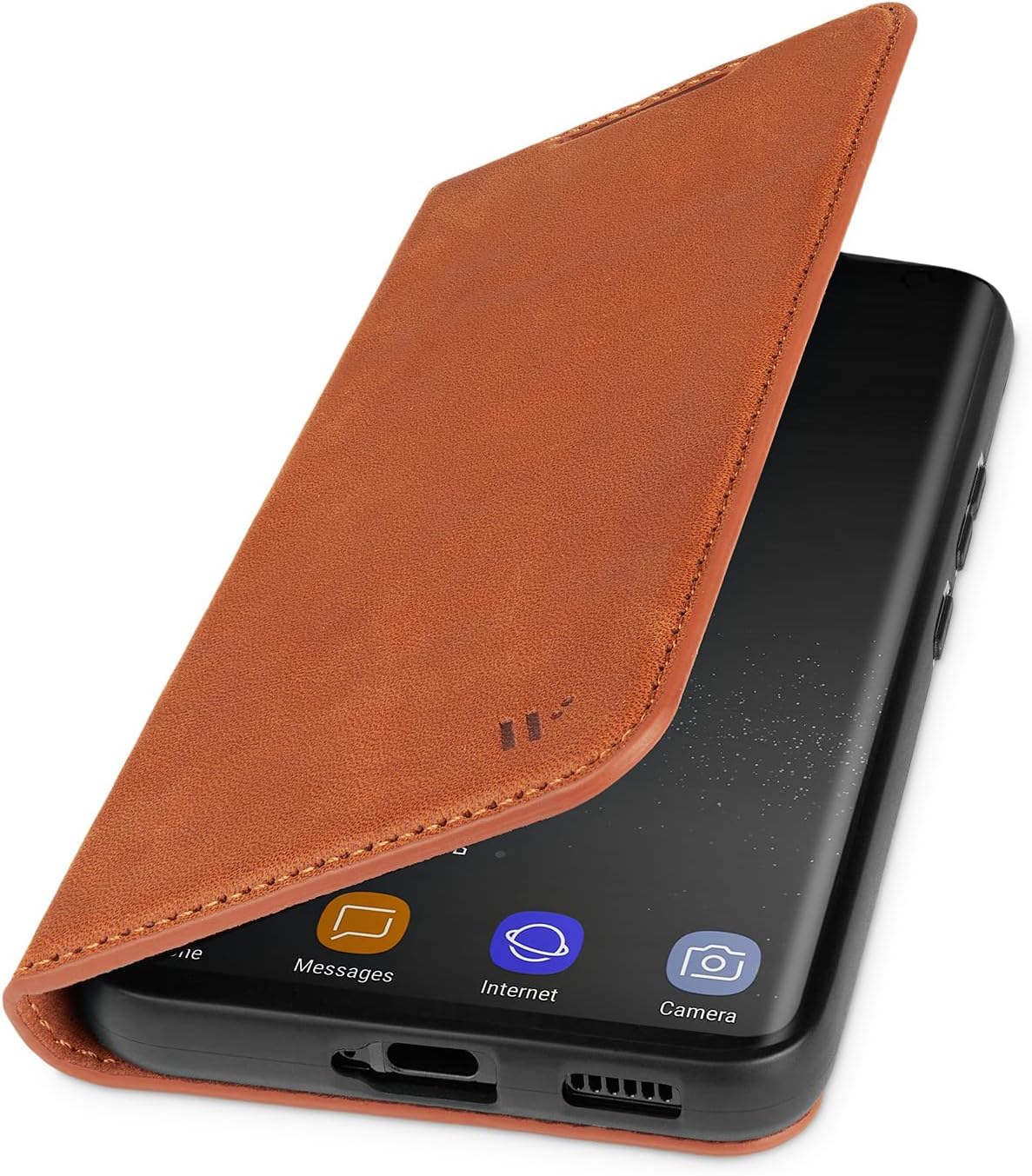 WIIUKA Hülle für Samsung Galaxy S25, Leder aus Deutschland, mit Kartenfach, extra Dünn, Handyhülle mit Standfunktion, Tasche Vintage Cognac Braun
