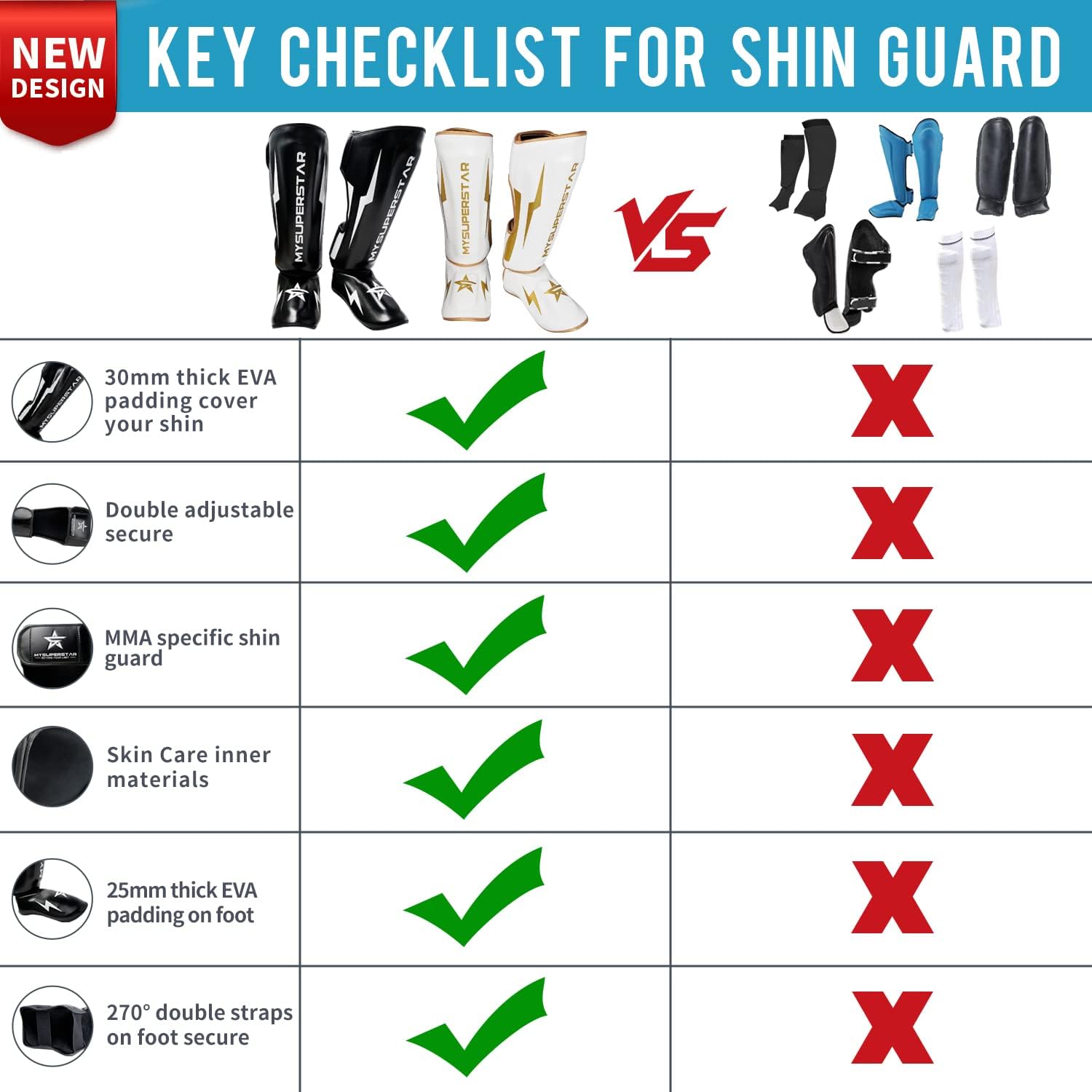 MYSUPERSTAR Ultimate Shin Instep Guard for Martial Arts Muay Thai Sparring Kickboxing MMA UFC Training and Fighting, Extra Foam Pads for Youth Man Women Equipment : Sports & Outdoors