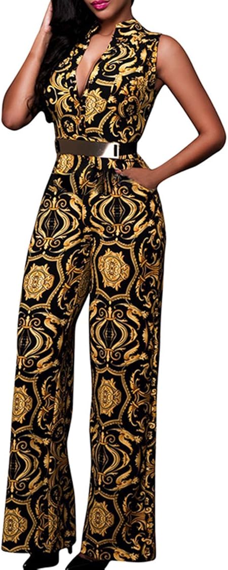 Pink Queen Womens Button Up Printed Long Wide Leg Pant Party Jumpsuits with Belt : Clothing, Shoes & Jewelry