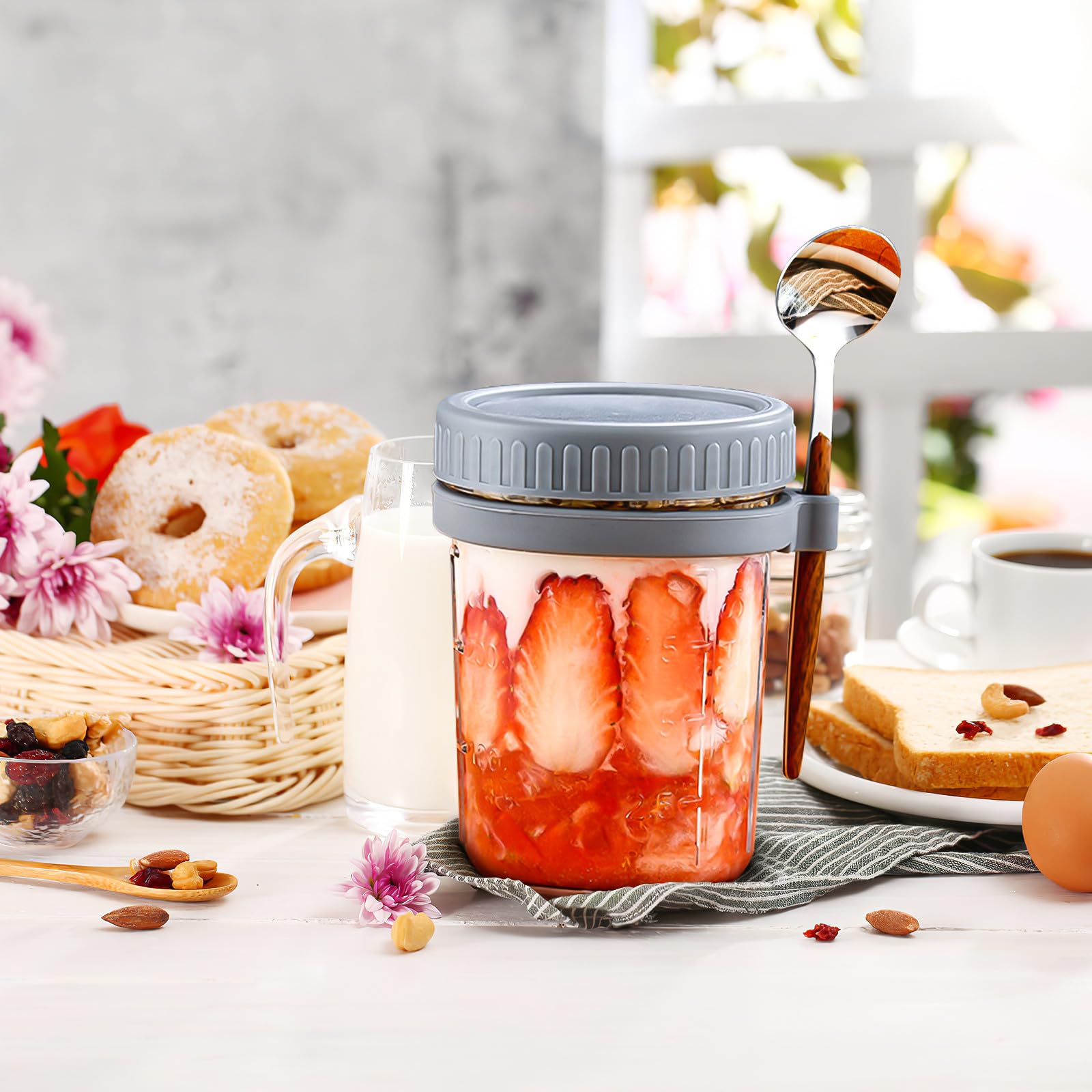 Beaupretty 4 Stück Vorratsglas mit Deckel und Löffel 400ml aus Glas und Silikon Luftdicht und Praktisch für Küche und Büro Stilvoll und Einfach zu Halten