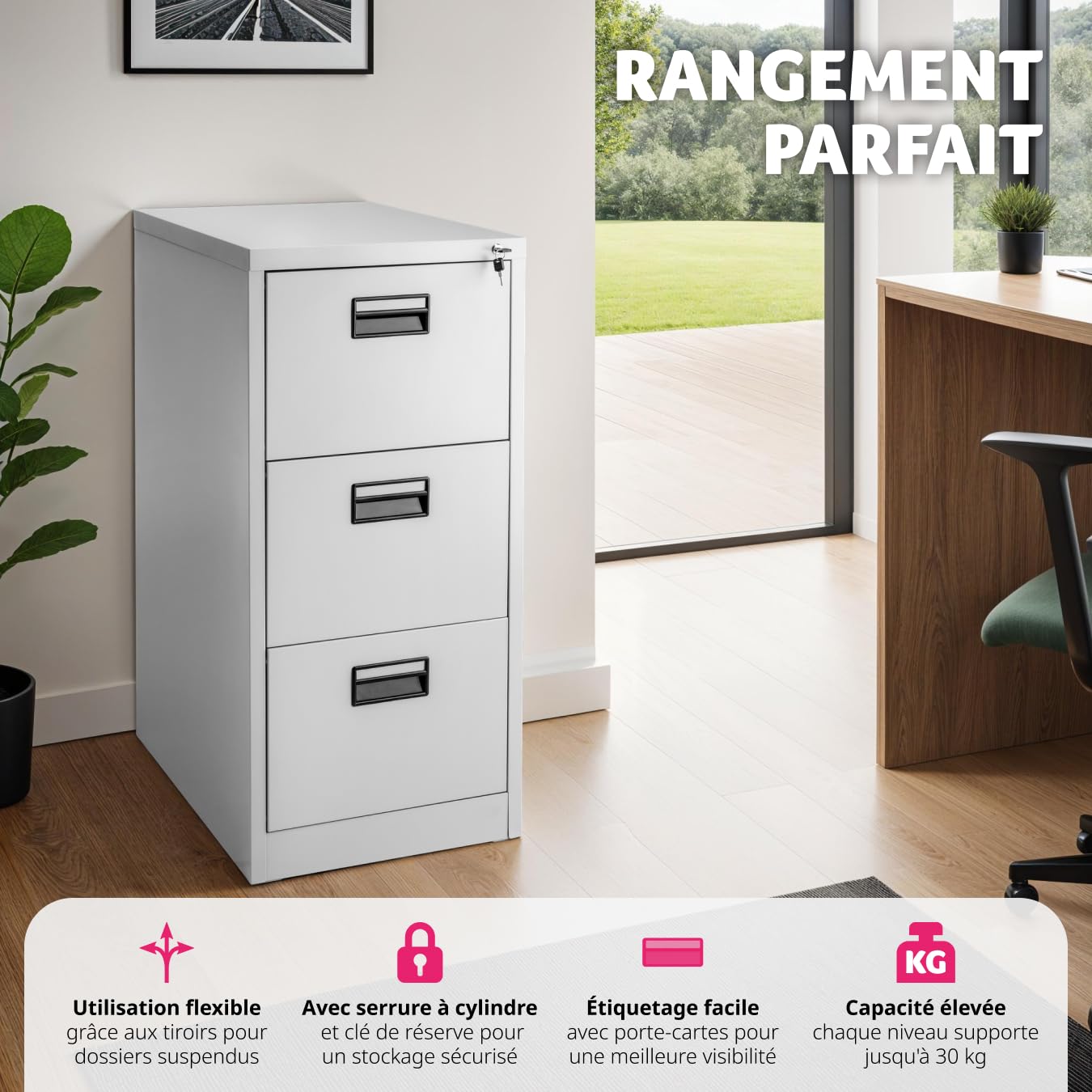 tectake® Armoire de Rangement Meuble tiroir Metallique 3 Tiroirs pour Rangement Dossier, Caisson Bureau pour Dossiers Suspendus au Format DIN 4, Porte Document Bureau 62,4 x 46 x 102,8 cm - Gris
