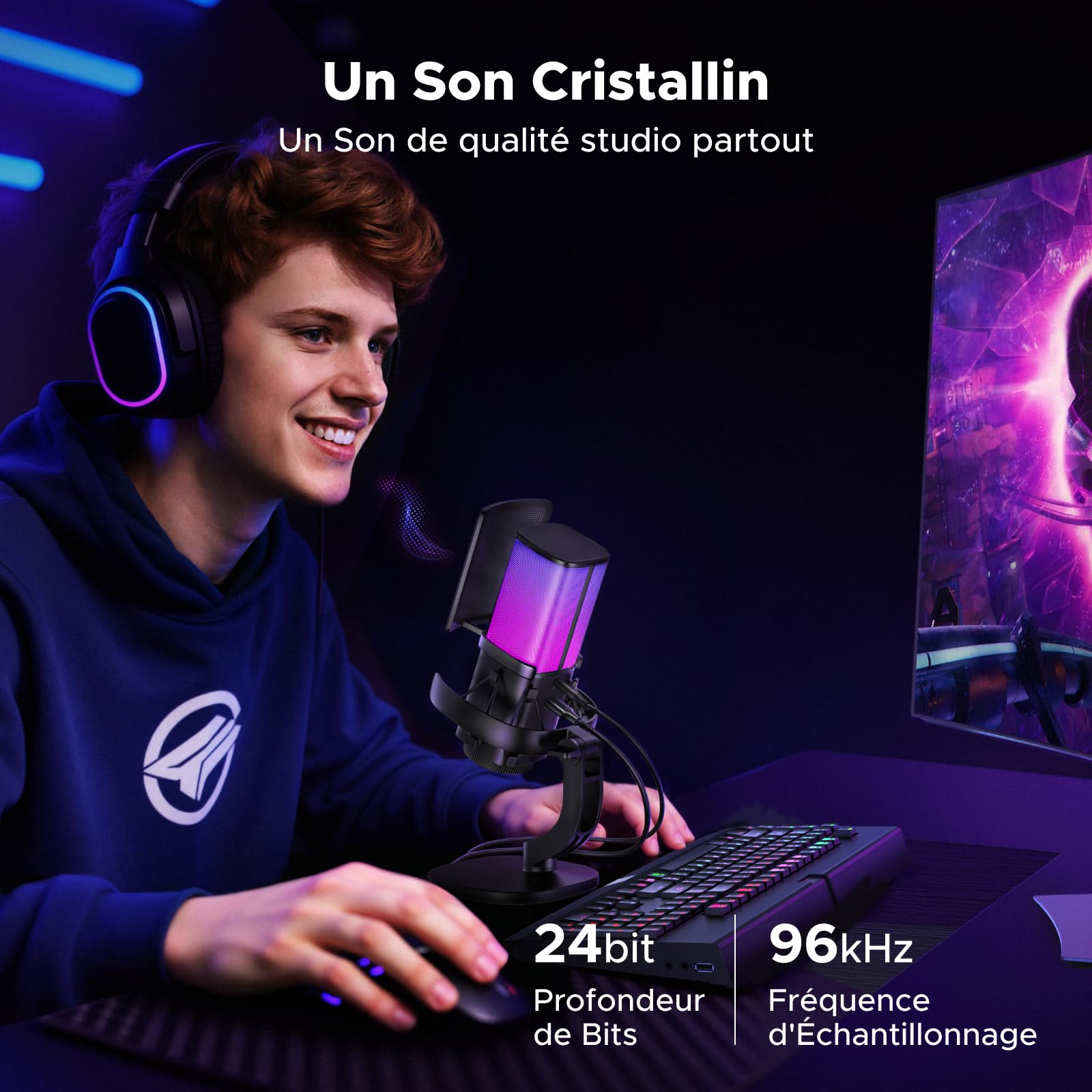UGREEN Micro Gaming Microphone USB avec RGB 96KHz 24bit Réduction du Bruit DSP pour Enregistrement Gaming Streaming Podcast Compatible avec PS5 4 Laptop