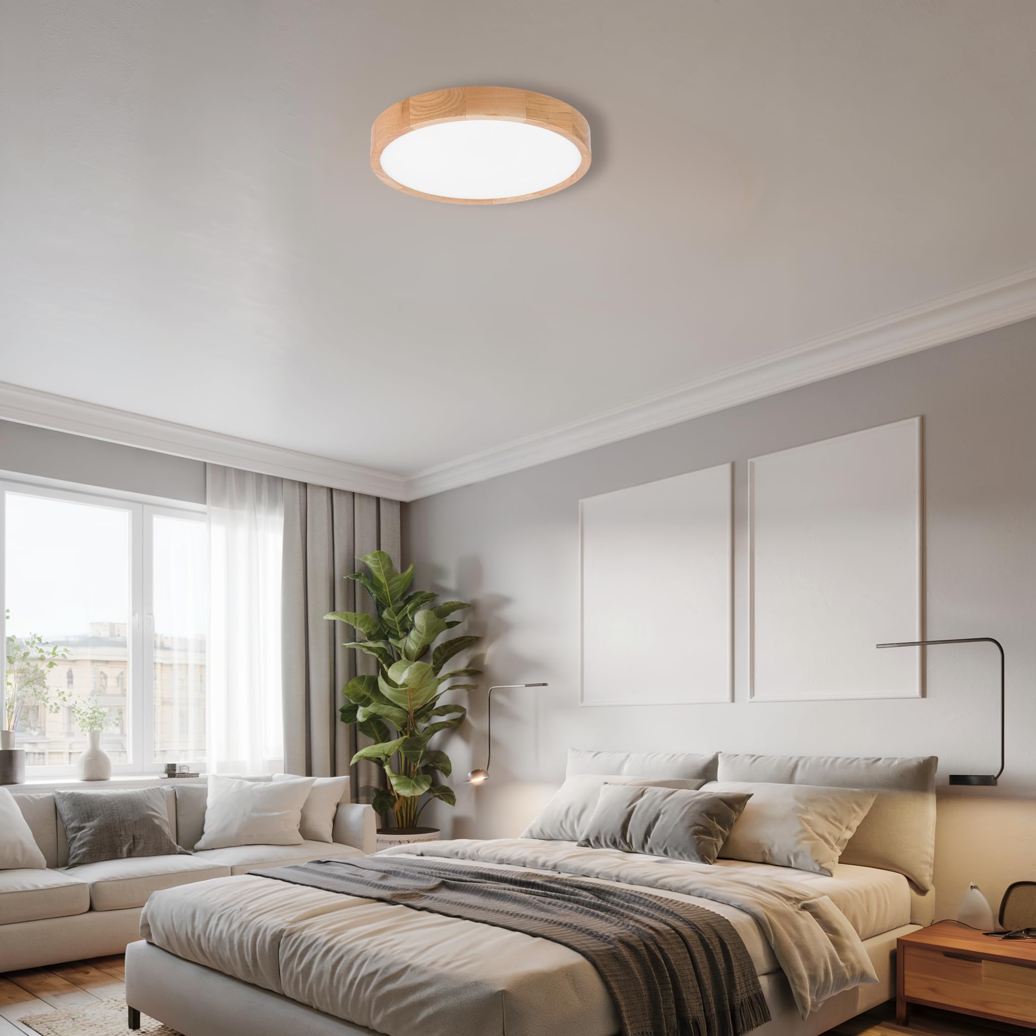 Schlafzimmerlampe - Runde Holz Deckenlapme Eiche LED 24W-4000K (∅37 cm) - Modern Beige Deckenleuchte für, Wohnzimmer, Flur, Küche - Stilvolle Eichenholz LEJA