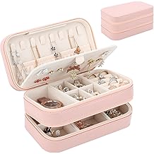 DesignSter Small Travel Jewelry Box with Double Zipper, 2 Layers PU Portable Jewelry Case for Women and Girls,Travel Jewelry Organizer for Rings, Earrings, Necklaces, Bracelets,Pink
