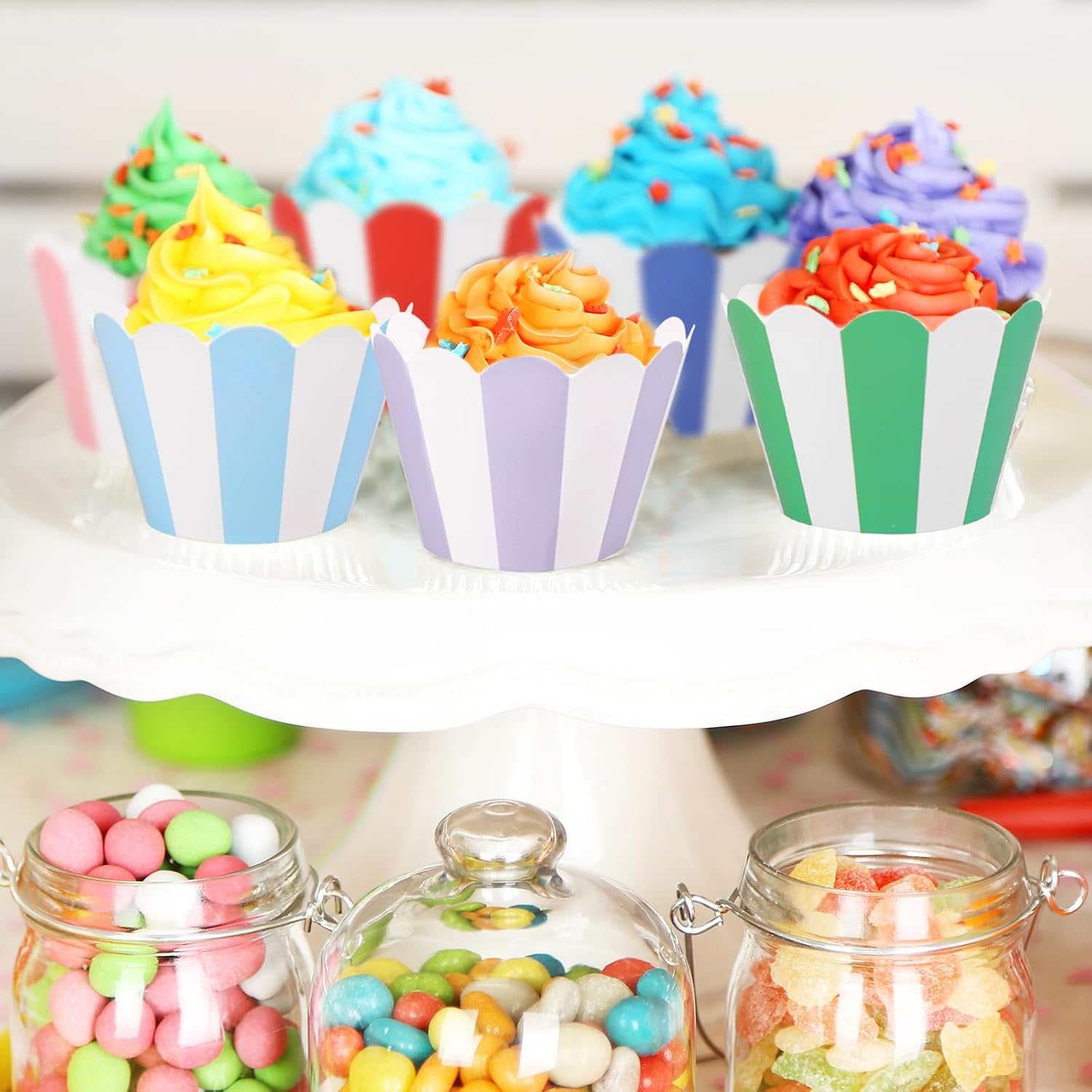 Whaline 48Pcs Colorful Striped Cupcake Wrappers Paper Cupcake Liners Scalloped Dessert Holders for Birthday Baby Shower Wedding Party Supplies, 8 Designs image 5