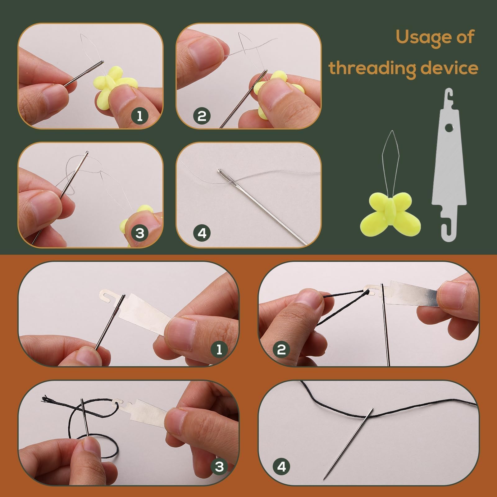Juego de dedales de metal y kit de agujas de coser de ojos grandes, protector de dedal de costura, con enhebrador de agujas, contenedor de almacenamiento de agujas, caja de almacenamiento de plástico,
