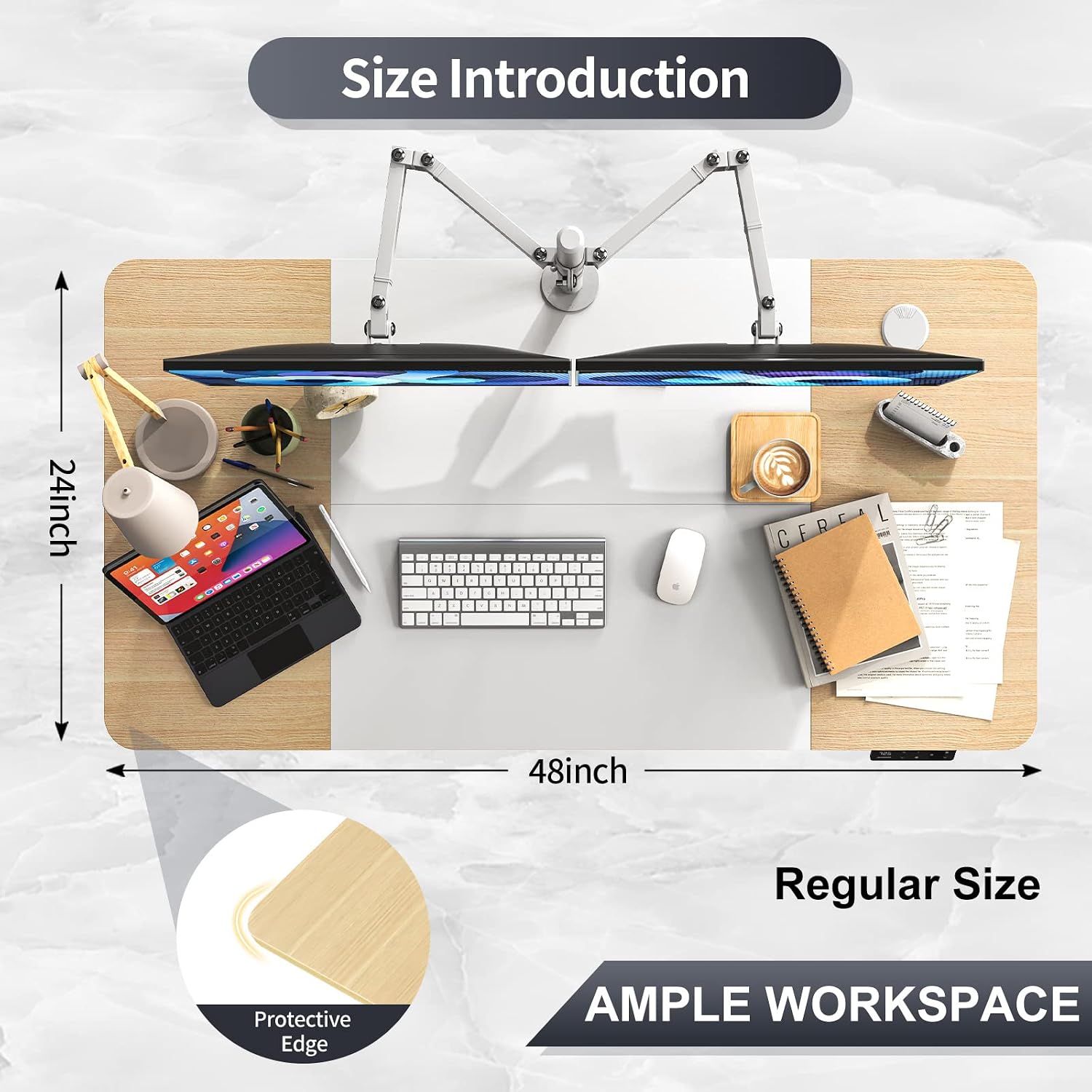 MAIDeSITe Standing Desk, Adjustable Height Electric Stand UP Desk with Drawers, Storage Bag, Cable Management Tray, Ergonomic Computer Desk for Home Office, 48 x 24 Inches, Oak+White Top